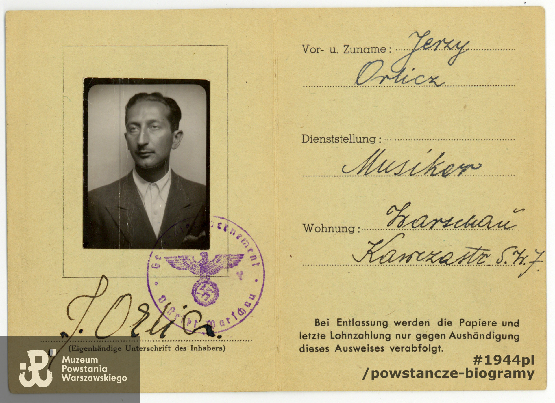 Dokument wystawiony na fałszywą tożsamość Jerzy Orlicz. Ze zbiorów Muzeum Powstania Warszawskiego, dar p. Ewy Bieżan
