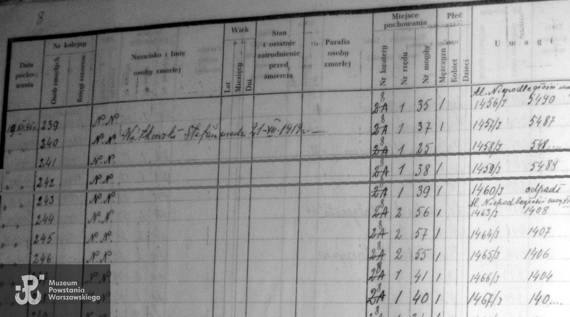 Księga Pochowanych Cmentarza Powstańców Warszawy - Waręski Stefan, numer znaczka 5489 nadany mu podczas ekshumacji, pochowany w kwaterze 8, rząd I, grób 38. 