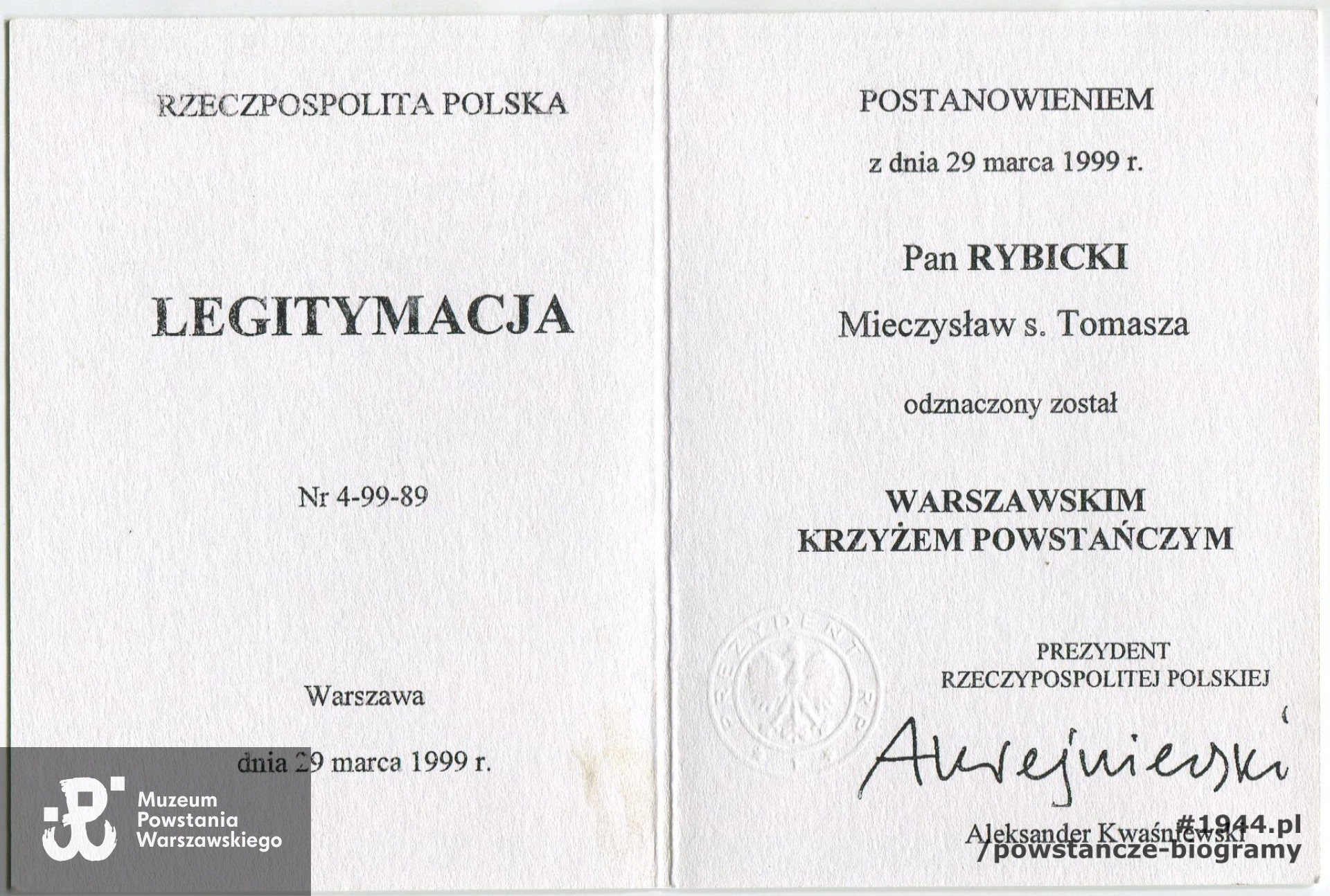 Legitymacja odznaczeniowa - Warszawski Krzyż Powstańczy. Ze zbiorów Mieczysława Rybickiego