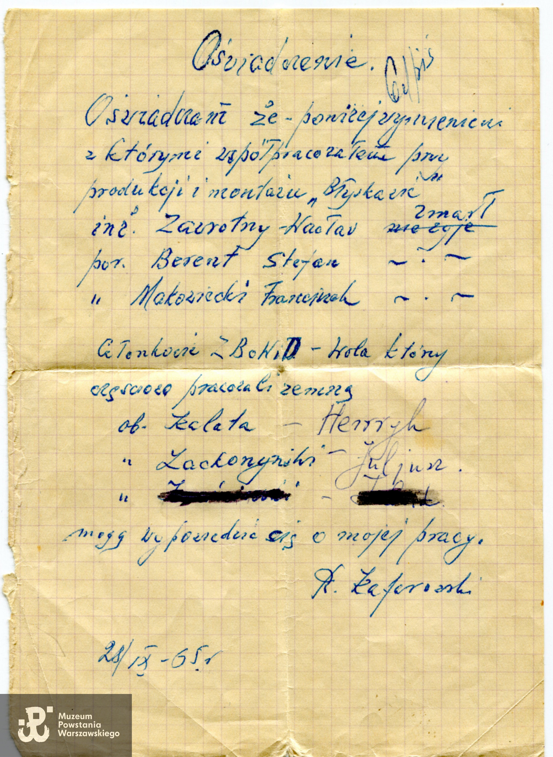 Źr. teczki personalne uczestników Powstania Warszawskiego - materiały do Słownika Uczestników PW, Pokój Kombatanta MPW