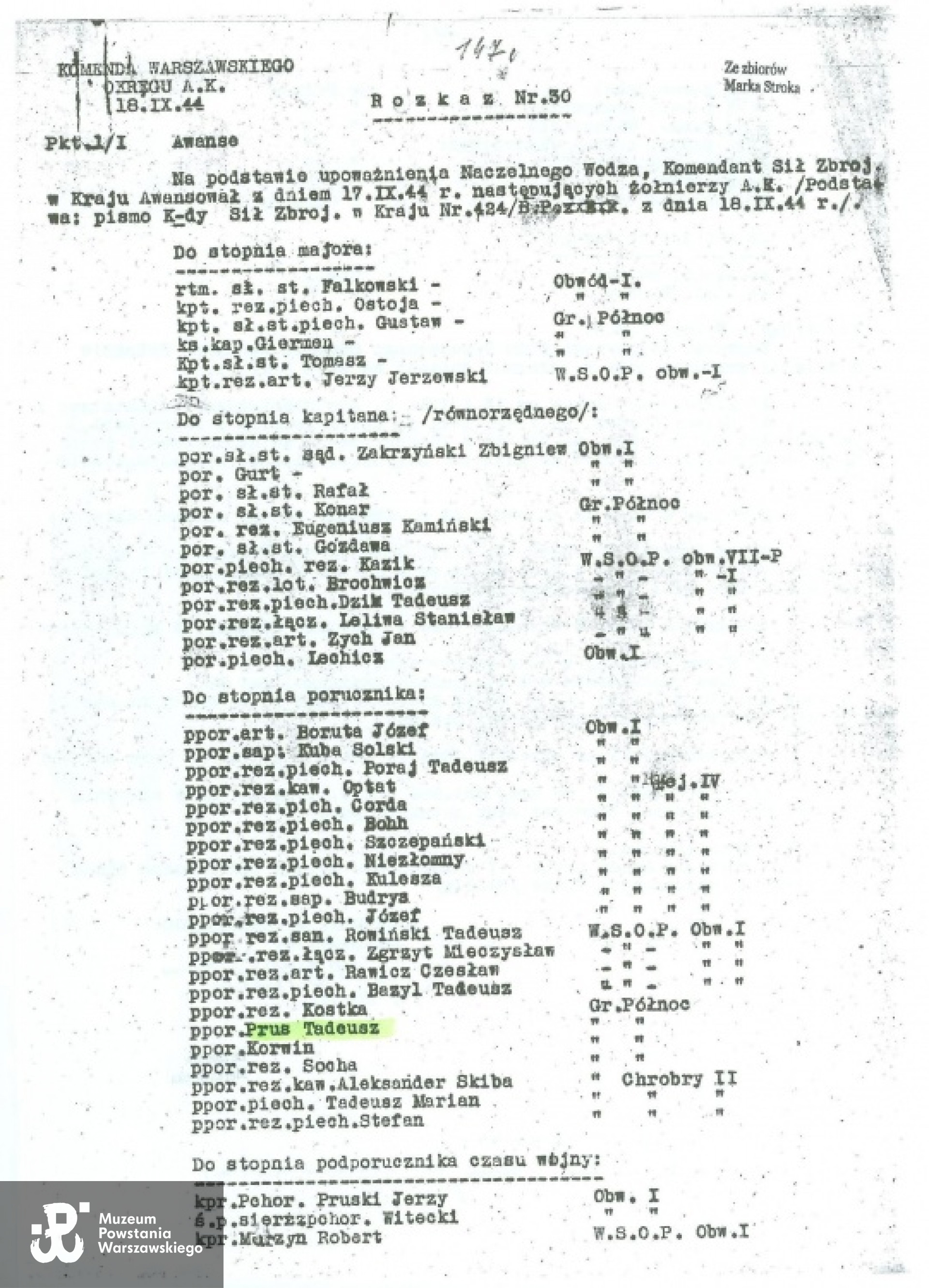 Rozkaz nr. 30 z dn.18.09.1944 r.  Awans  Tadeusza Dąbrowskiego "Prusa" do stopnia porucznika. Ze zbiorów Marka Stroka / MPW