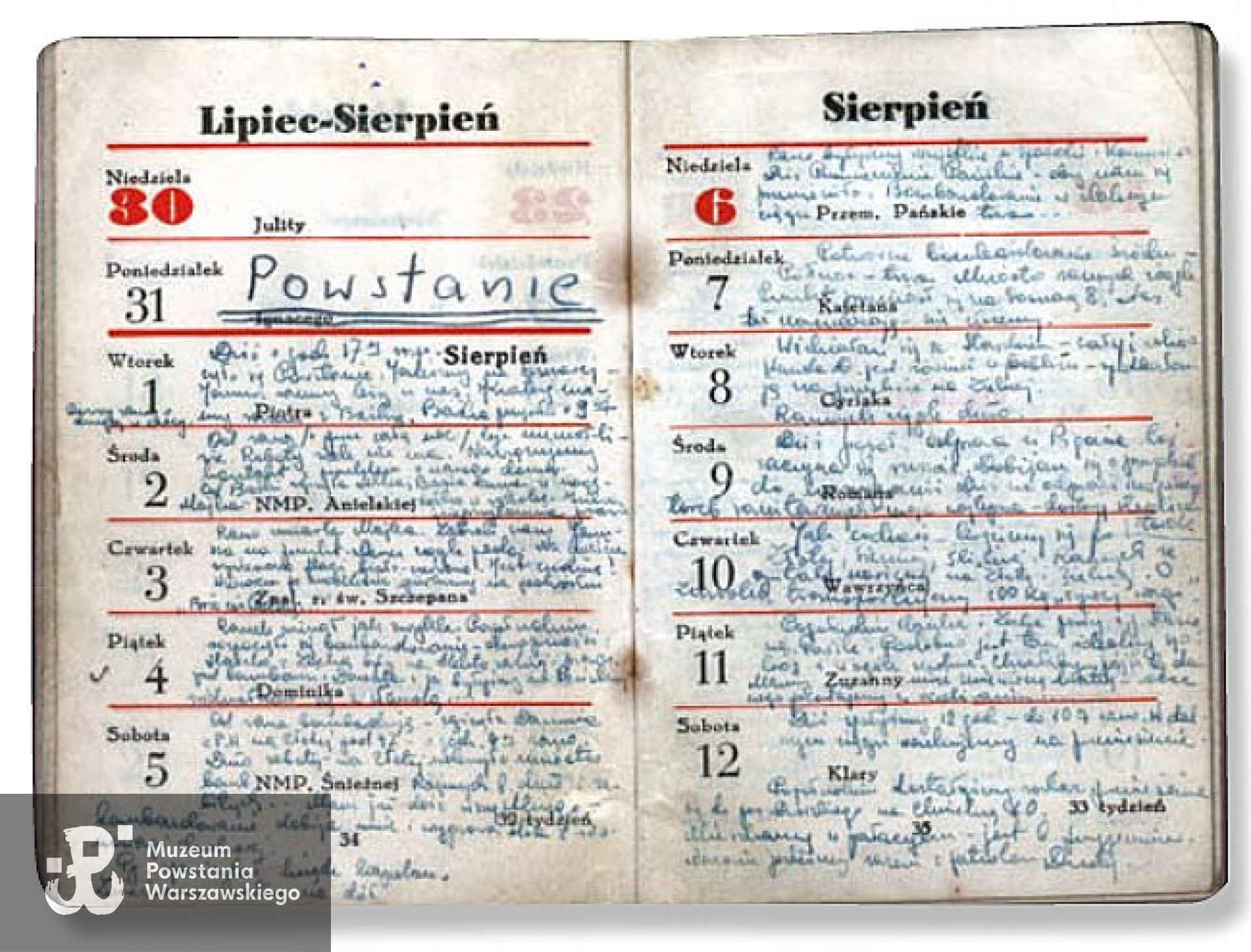 Notatki w prowadzonym przez "Buńkę" w czasie Powstania kalendarzyku ( kalendarzyk kieszonkowy o wymiarach 7x10 cm.) <i>Fot. "Stolica" 8-9/2012</i>