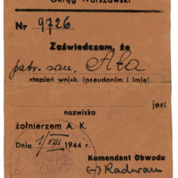 Legitymacja AK nr 9726,  wystawiona na nazwisko strz. Danuty Kozłowskiej 