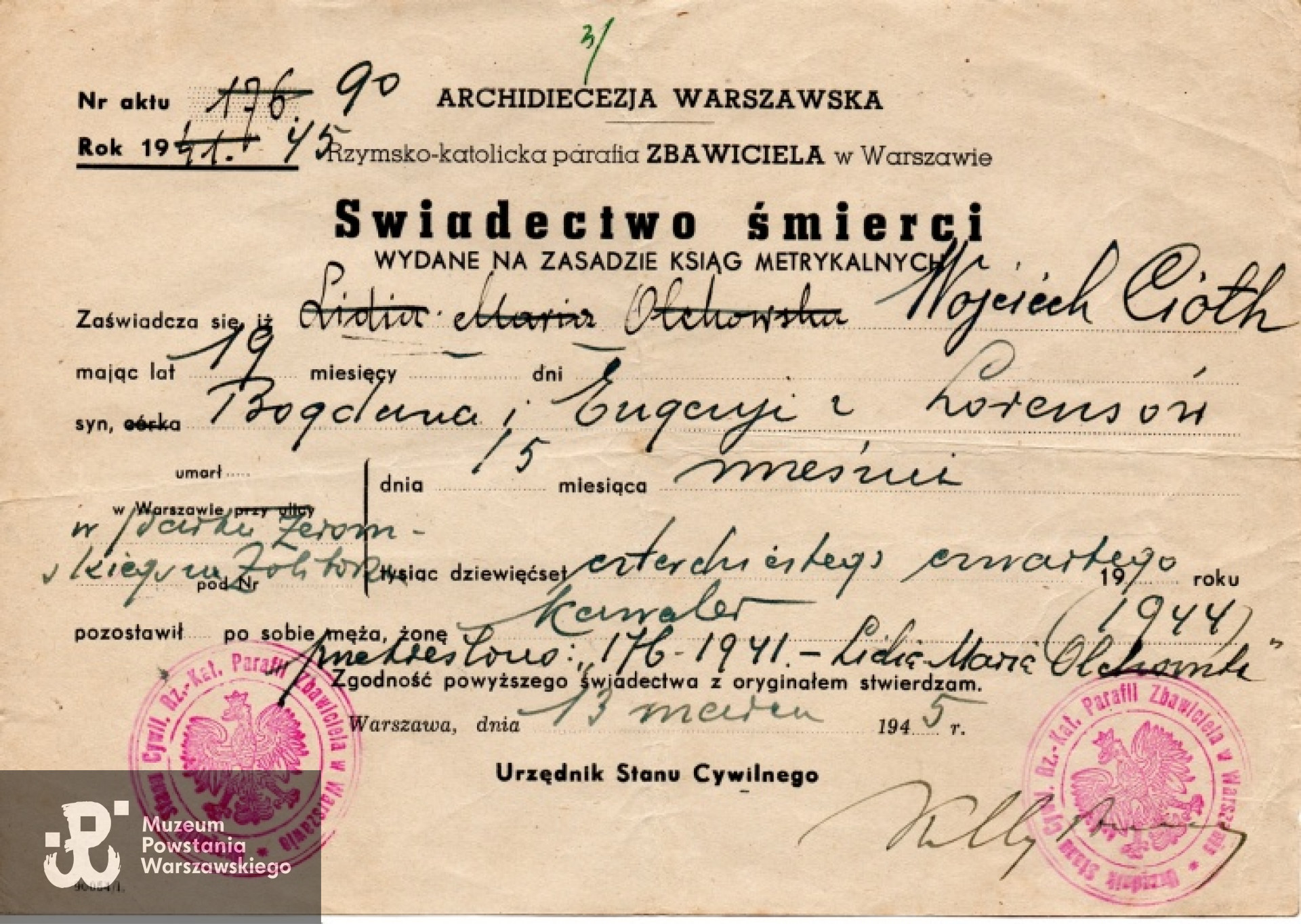 Świadectwo śmierci  "Beniowskiego" ze zbiorów archiwum rodzinnego Elżbiety Cioth