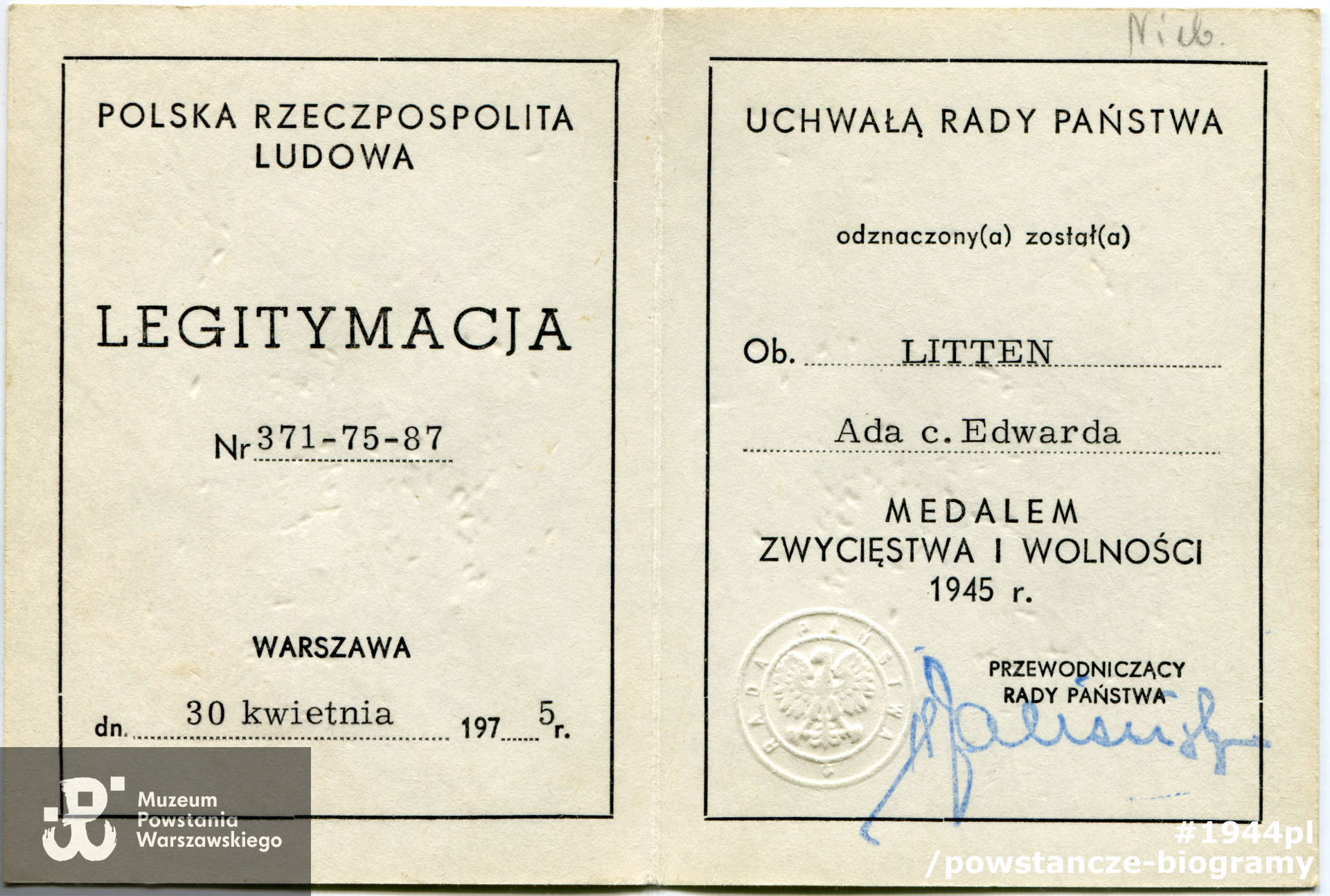 Legitymacja Medalu Zwycięstwa i Wolności 1945 r. dla Ady Litten, ze zbiorów Muzeum Powstania Warszawskiego nr akcesji P/6709
