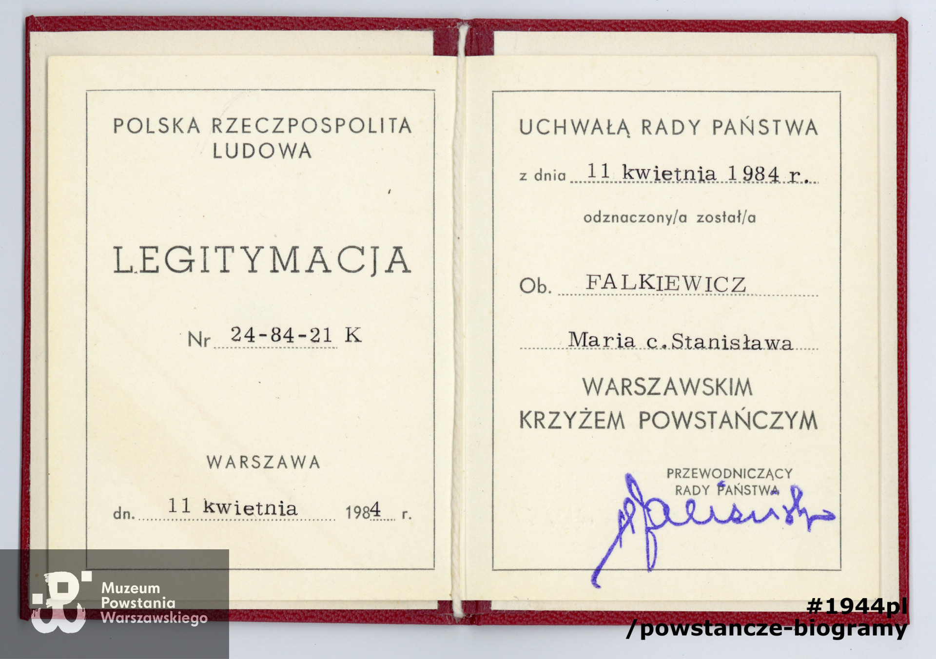 Legitymacja odznaczeniowa - Warszawski Krzyż Powstańczy. Dokument  ze zbiorów rodzinnych p. Jerzego Sajdaka, syna.