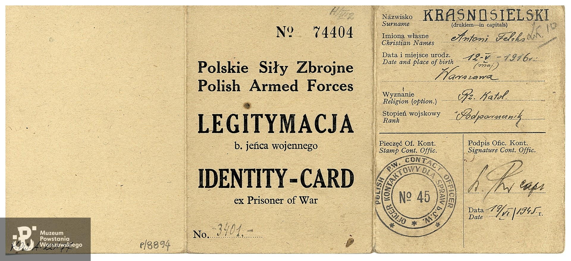 Należąca do ppor. Antoniego Krasnosielskiego legitymacja byłego jeńca wojennego. Ze zbiorów Muzeum Powstania Warszawskiego, P/8894/17, sygn. MPW-A/12177