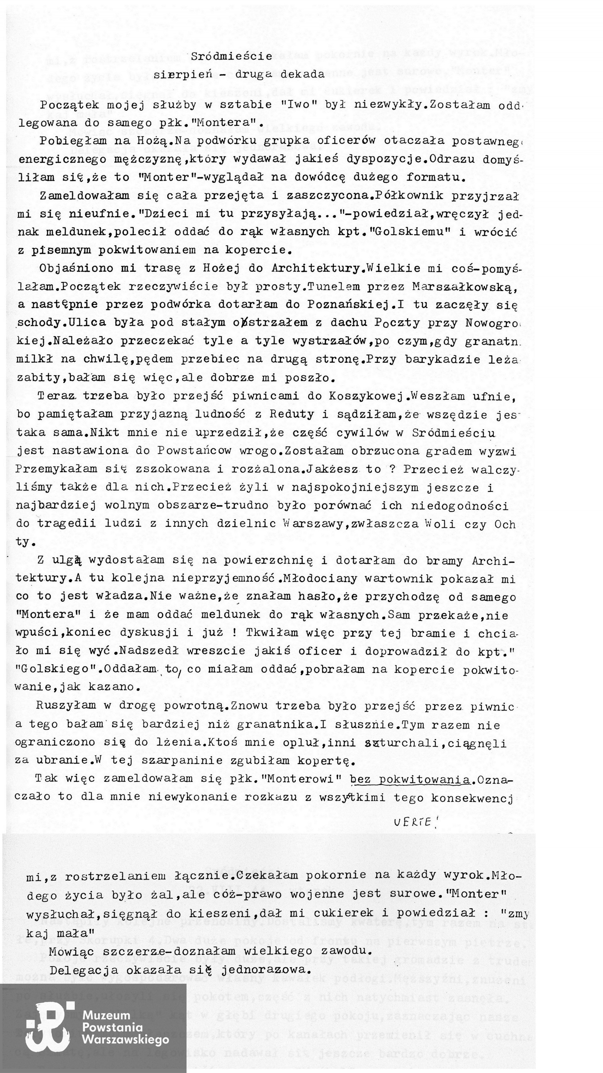 Fragment wspomnień p. Barbary w zbiorach MPW