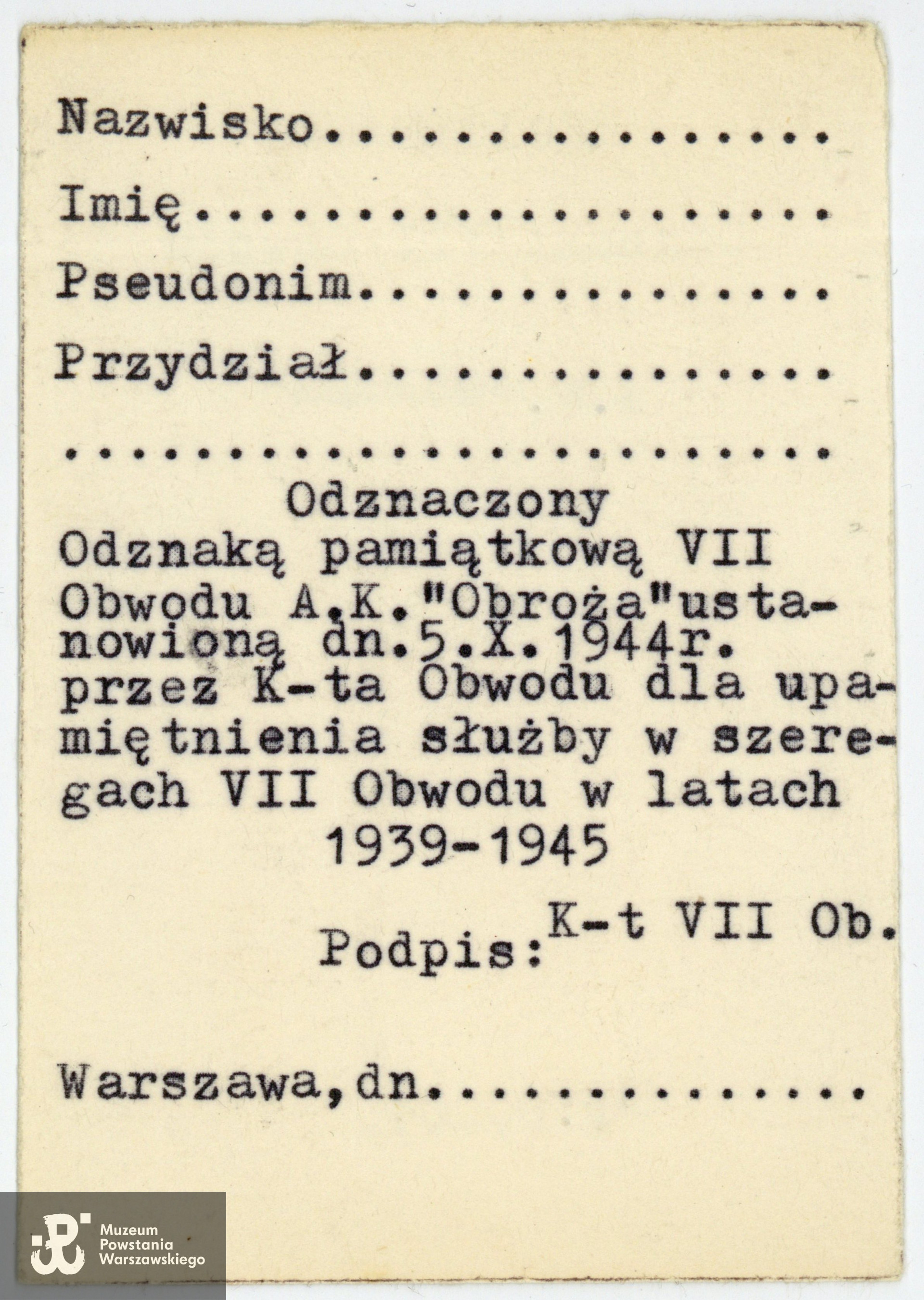 Legitymacja Odznaki  Pamiątkowej VII Obwodu AK "Obroża". Zbiory rodzinne, udostępniła  córka, p. Izabela Rola z domu Załoga
