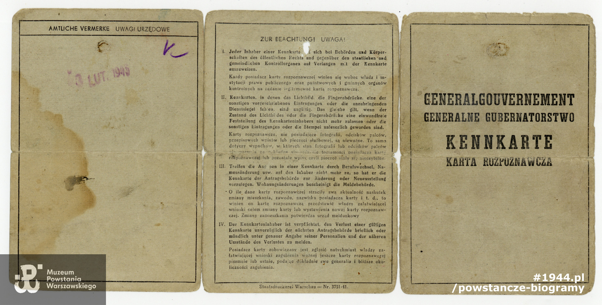 Należąca do Wandy Cieślińskiej okupacyjna Kennkarta (karta tożsamości).  Ze zbiorów prywatnych p. Wandy Cieślińskiej ps. "Wanda"