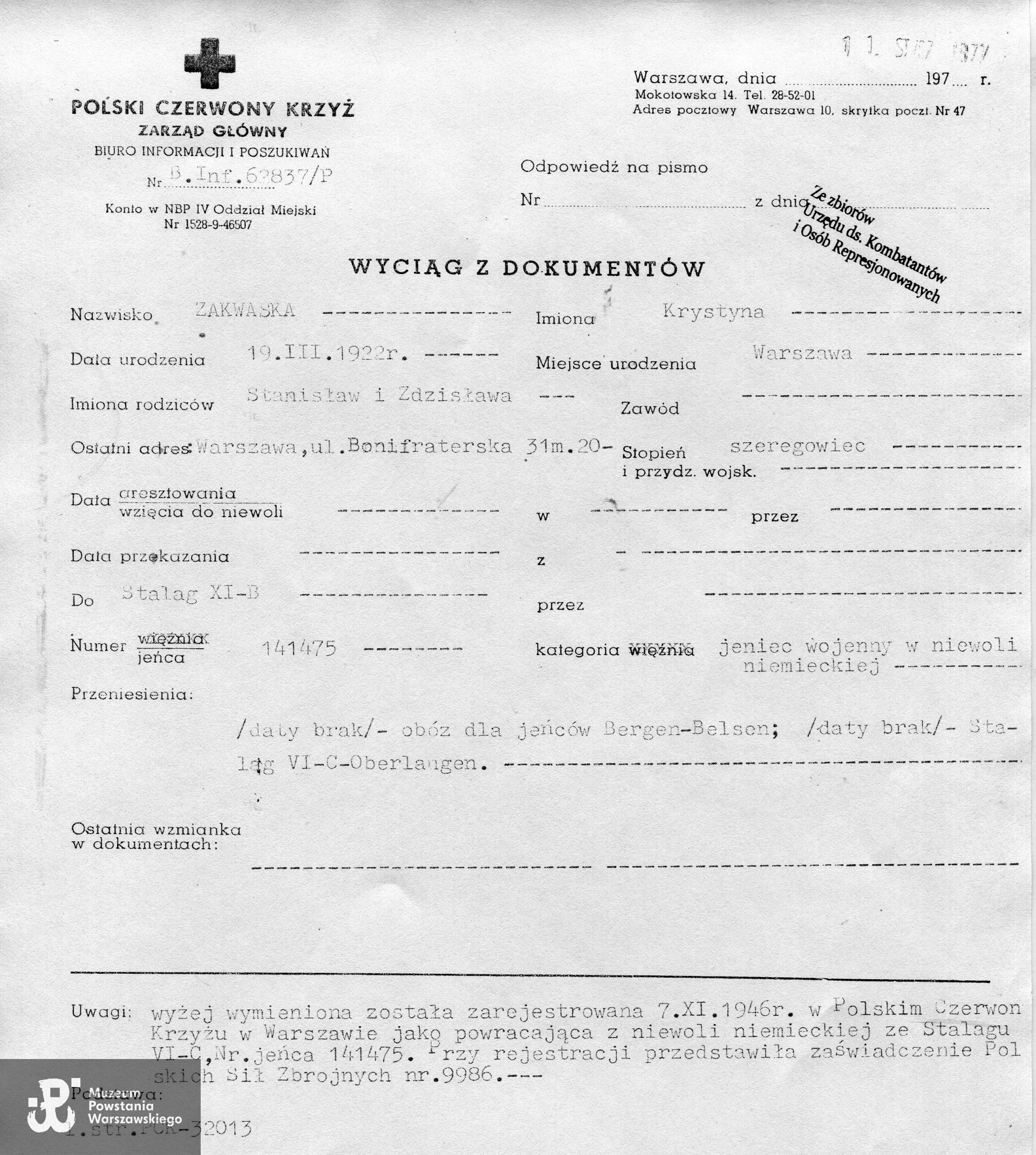PCK - wyciąg z dokumentów. Kopia - materiały do Słownika Biograficznego Uczestników PW - Pokój Kombatanta