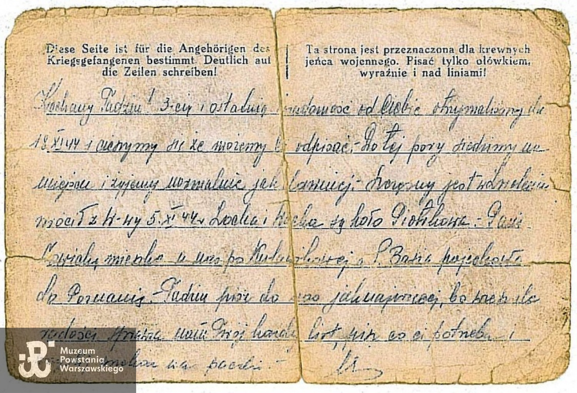 4.01.1945 r. - List do obozu jenieckiego Stalag X-B Sandbostel wysłany do Tadeusza Życzyńskiego przez jego siostrę Genowefę