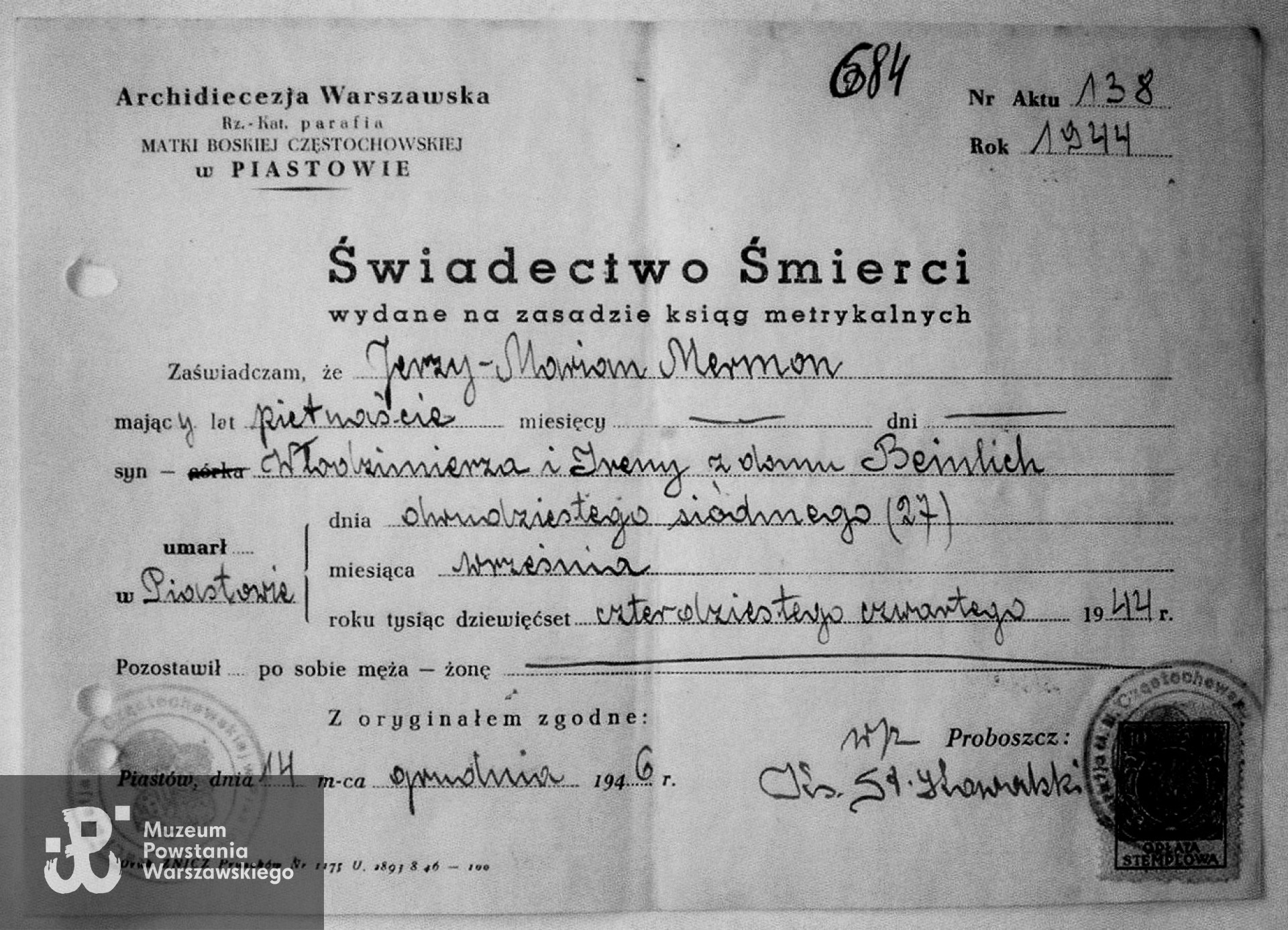 Świadectwo śmierci - Zarząd Cmentarzy Komunalnych w Warszawie - Powązki Wojskowe, Księgi pochowań