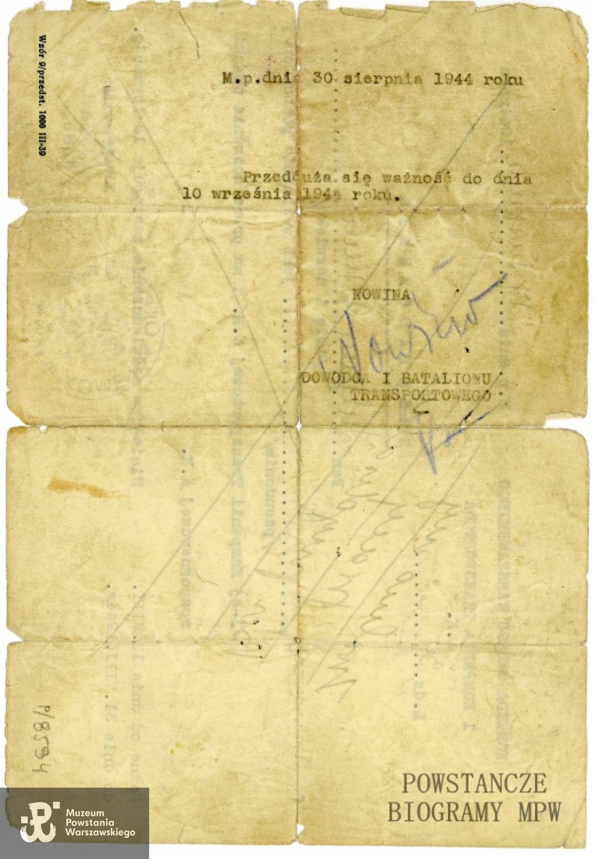 Zaświadczenie z 7.08.1944 r. Ze zbiorów Muzeum Powstania warszawskiego, sygn. P/8594, przekazał syn, p.Cristoforo Cesare Zuliani