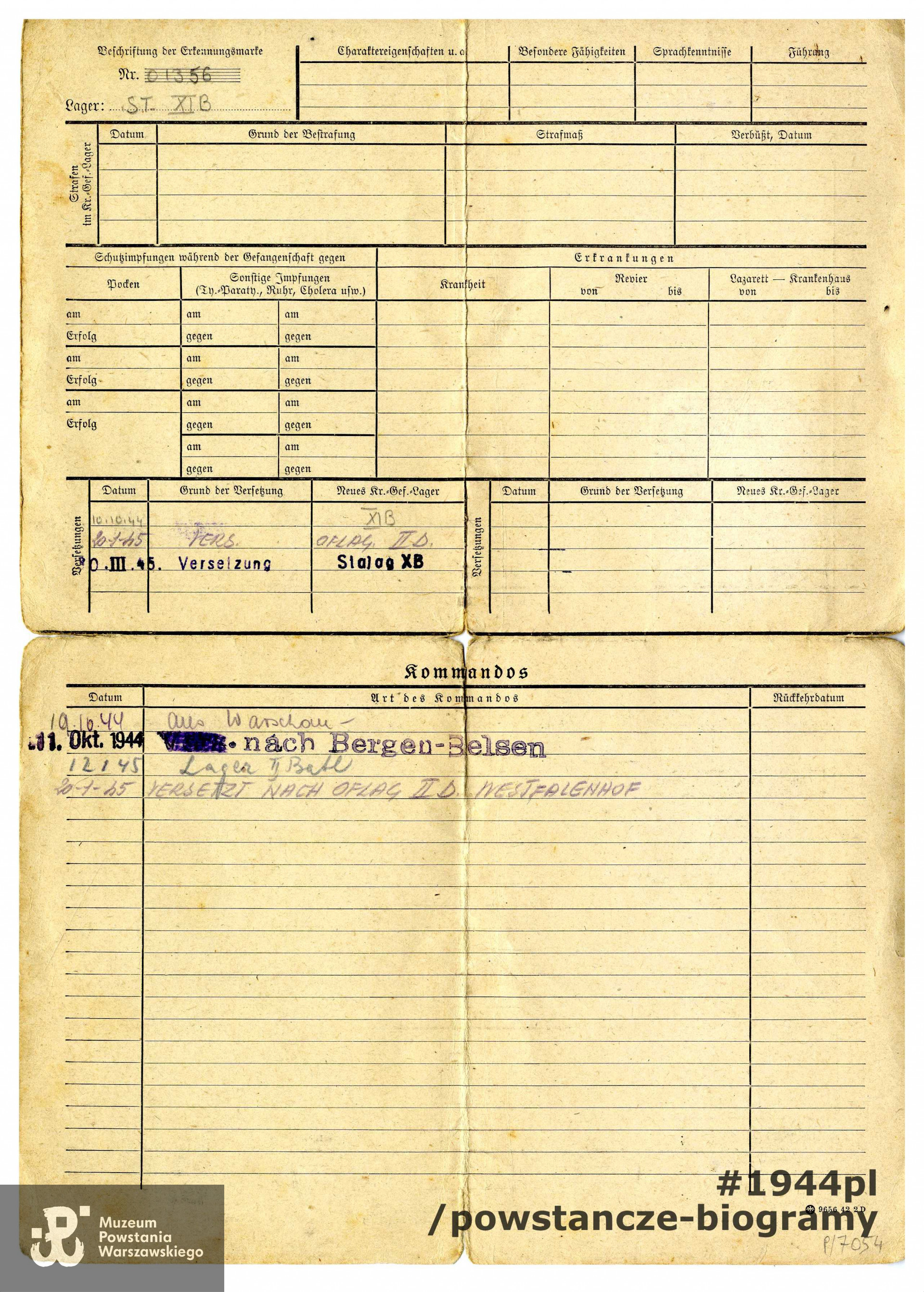 Karta obozowa Stanisława Kozłowskiego - rewers. Dokument ze zbiorów Muzeum Powstania Warszawskiego, sygn. P/7054,  dar p.  Macieja Kobińskiego.