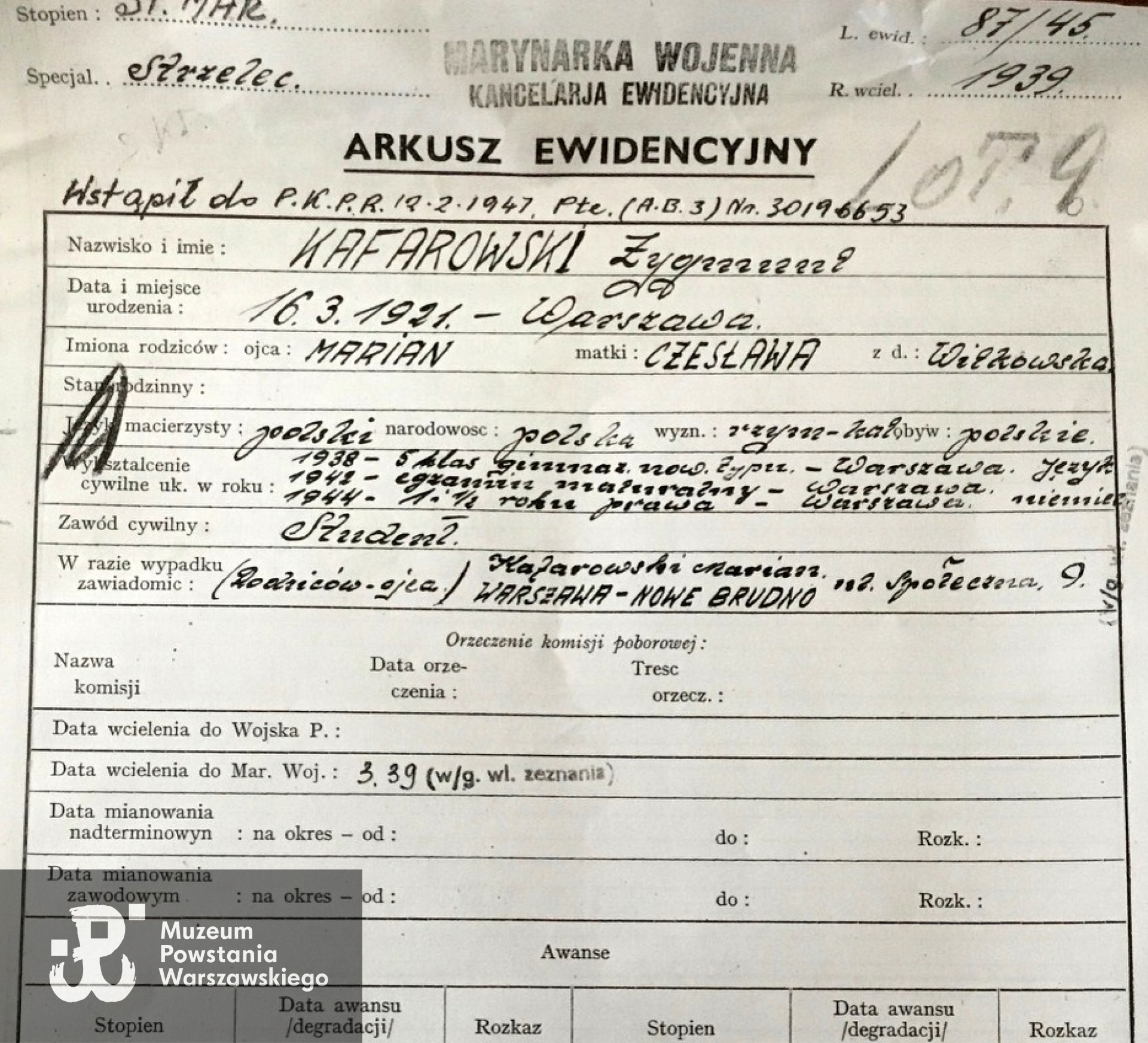Arkusz  ewidencyjny Marynarki Wojennej nr 87/45, skan udostępniła dr Joanna Kafarowski