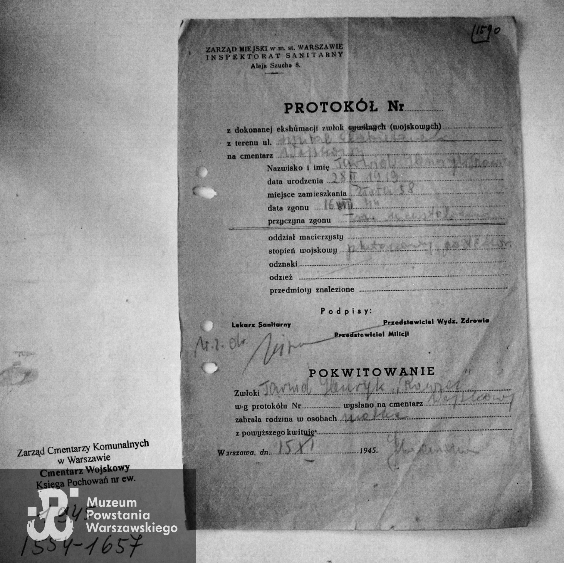 Zarząd Cmentarzy Komunalnych w Warszawie - Cmentarz Powązki Wojskowe, Księga Pochowań nr 1945/1554-1657