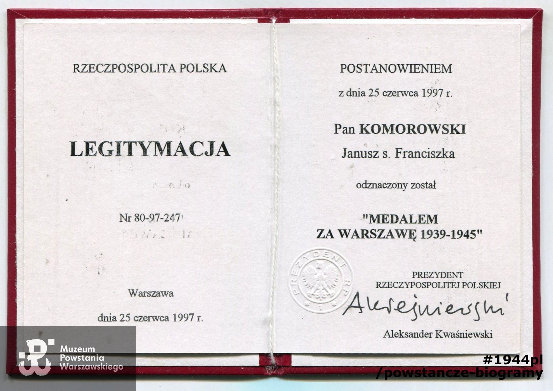 Legitymacja odznaczeniowa ze zbiorów p. Janusza Komorowskiego ps. „Antek”. Skan - materiały do Słownika Uczestników PW/Pokój Kombatanta MPW