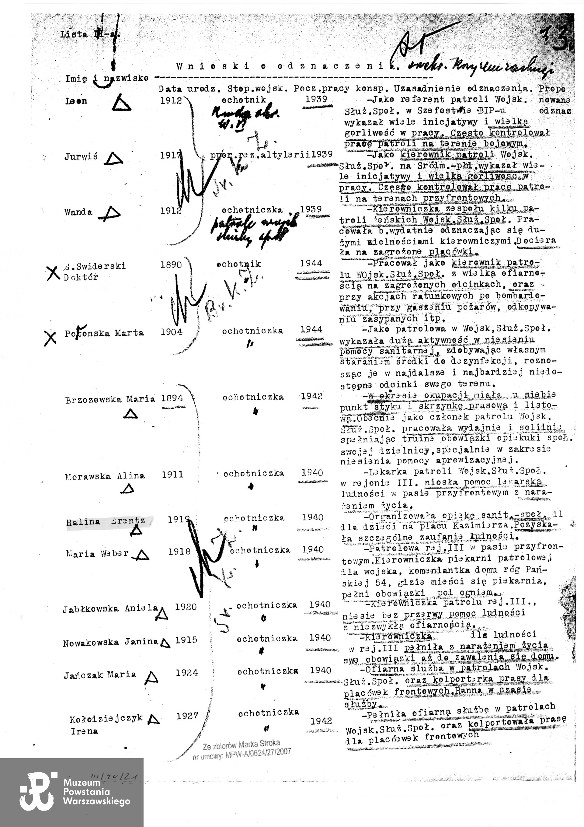 Wnioski o odznaczenie żołnierzy Wojskowej Służby Społecznej Brązowym lub Srebrnym Krzyżem Zasługi (1944), skan z kserokopii, źródło: Teczki personalne uczestników Powstania Warszawskiego, zasób Działu Kombatanta MPW