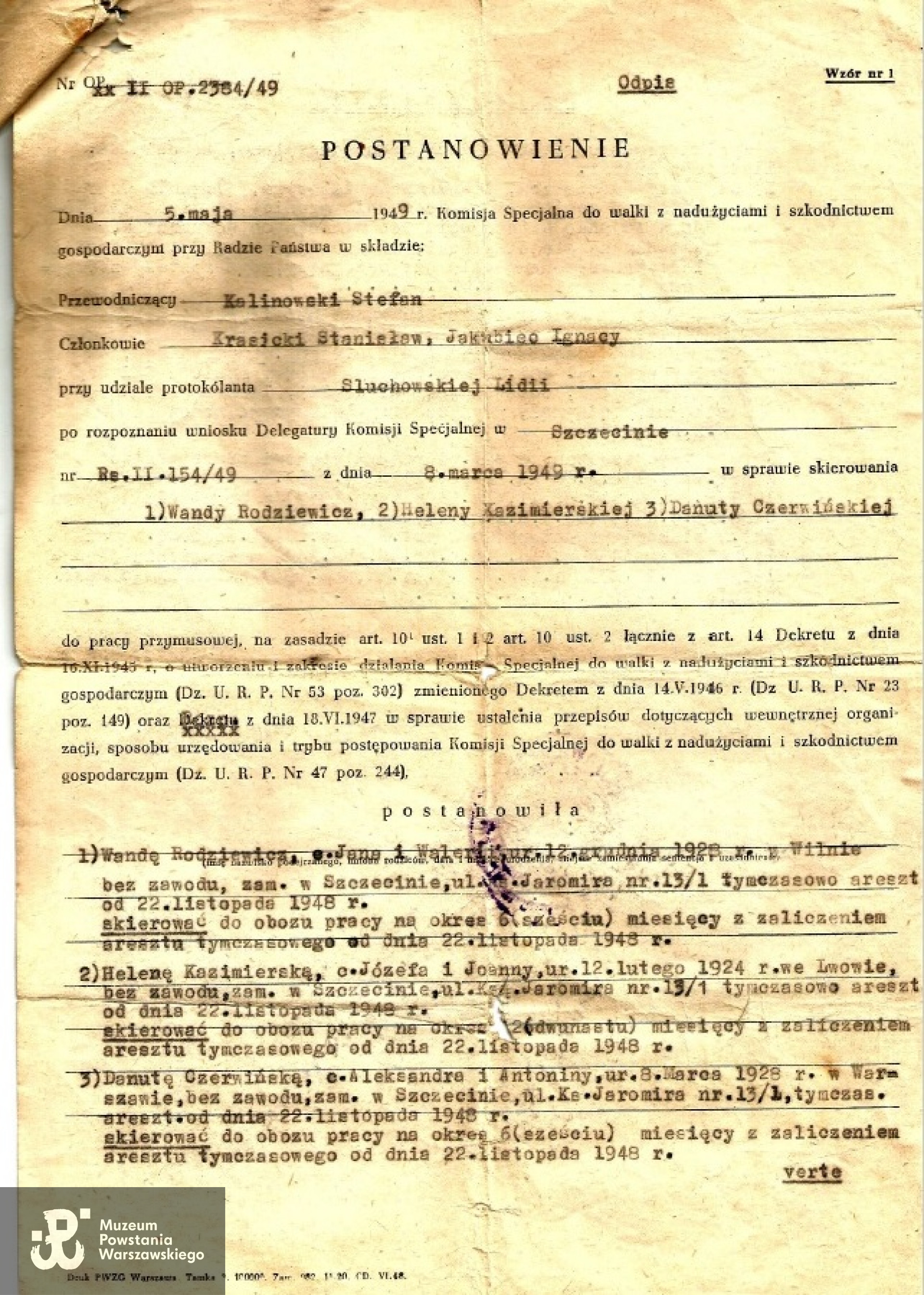 Postanowienie  Komisji Specjalnej do Walki z Nadużyciami i Szkodnictwem Gospodarczym przy Radzie Państwa. Z archiwum rodzinnego syna, p. Leszka Rodziewicza