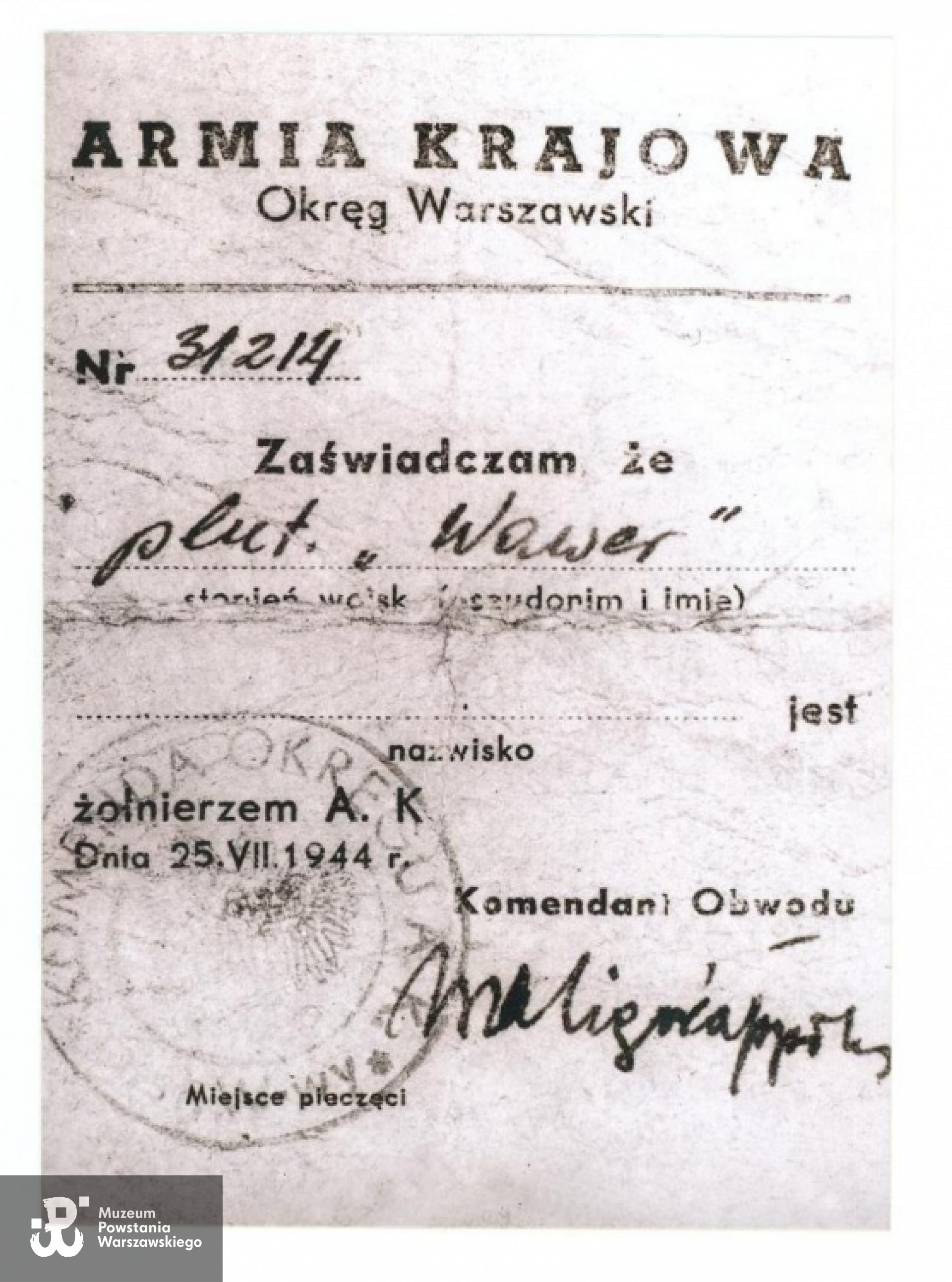Legitymacja żołnierza AK z podpisem ppłk. Waligóry Zdjęcie ze zbiorów rodzinnych Stanisława Tarnowskiego