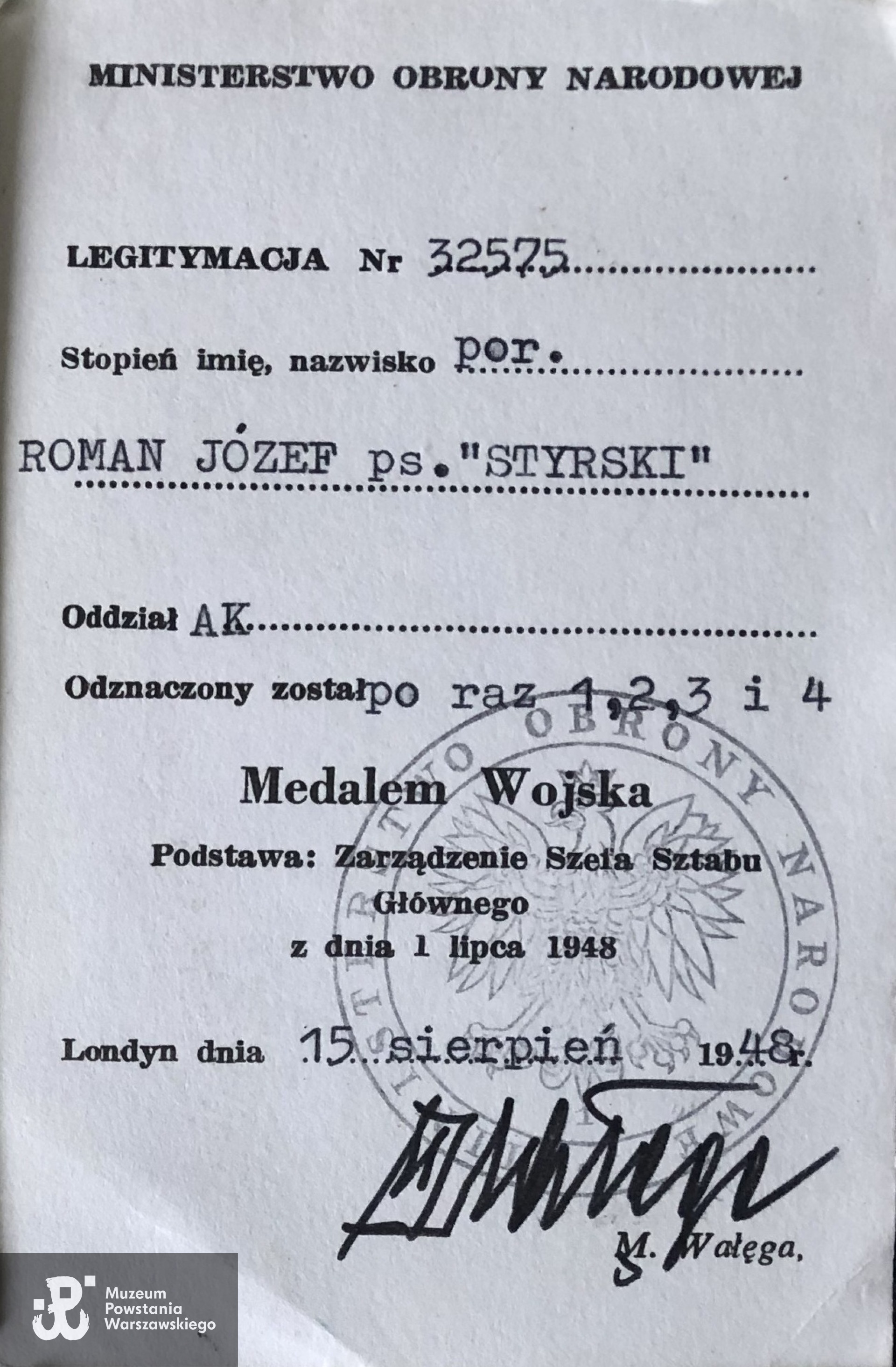 Legitymacja odznaczeniowa - Medal Wojska, po raz 1, 2, 3 i 4. Skan udostępniła p. Ewa Roman-Kobylińska