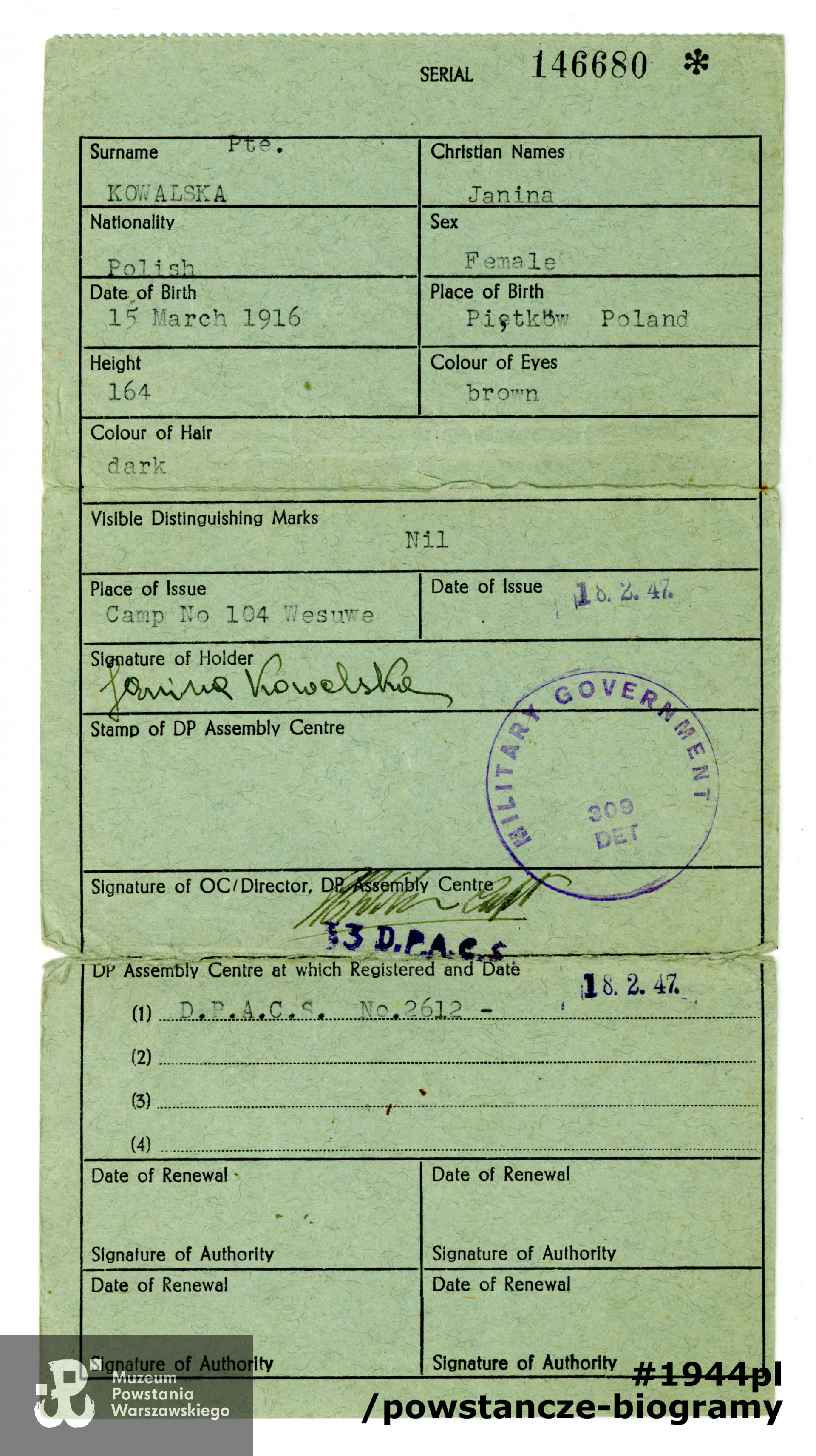 PWX/DP Registration/Identity Card). Dokument wystawiony na nazwisko Janina Kowalska, z dn. 18.02.1947. Ze zbiorów Muzeum Powstania Warszawskiego sygn. P/7948/14, dar p. Krystyny Rachwał