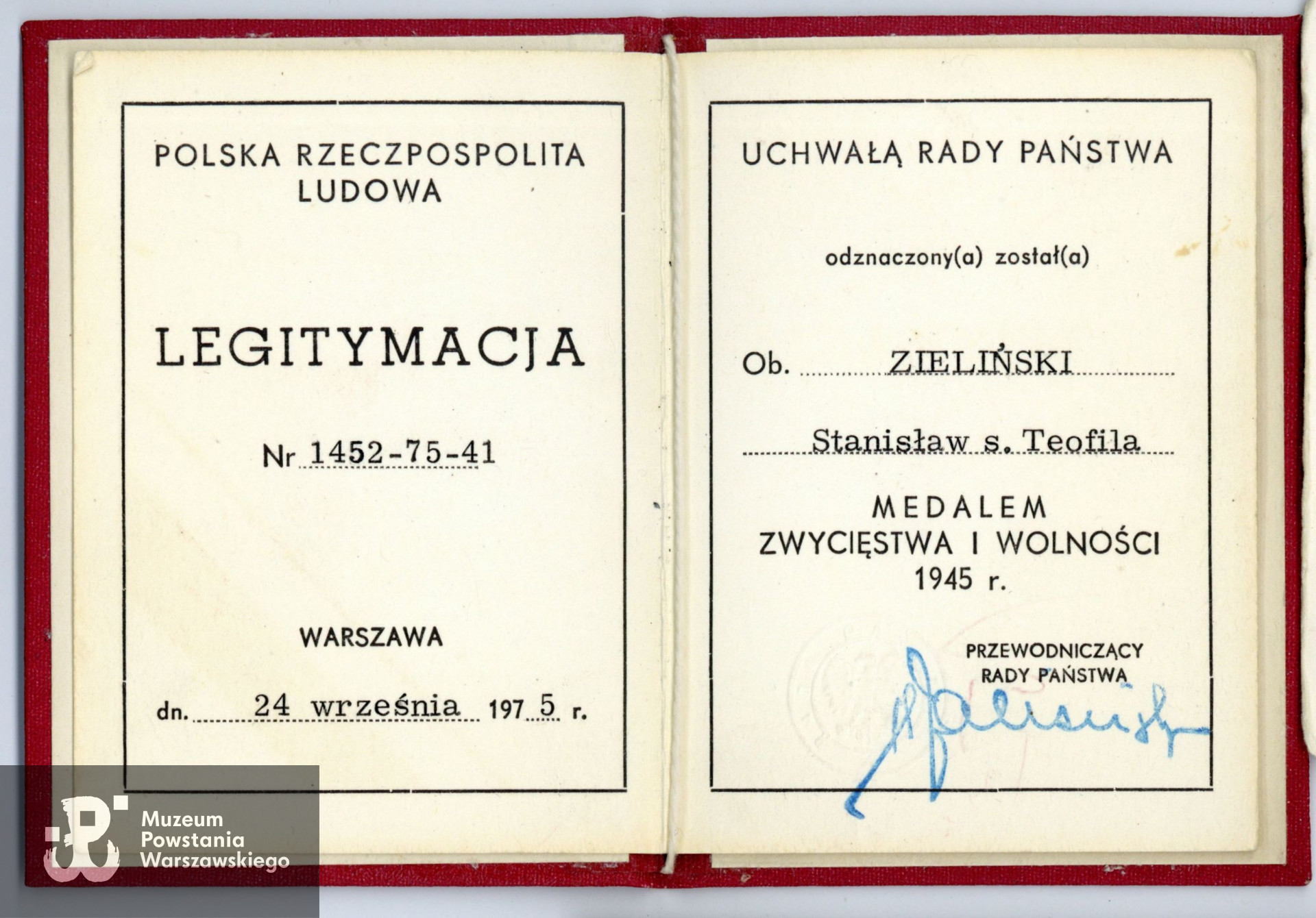 Legitymacja odznaczeniowa - Medal  Zwycięstwa i Wolności. Z archiwum rodzinnego p. Waldemara Zielińskiego