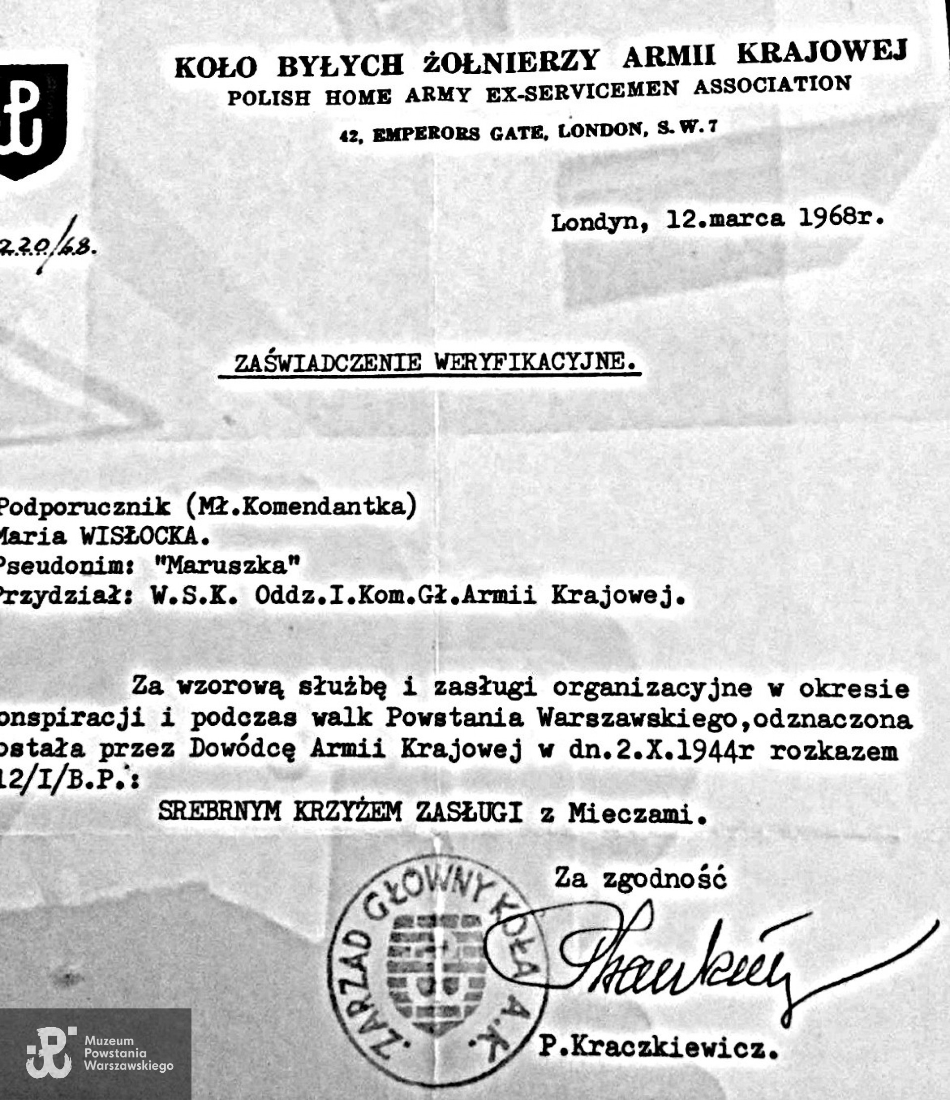 Zaświadczenie weryfikacyjne Koła Byłych Żołnierzy AK w Londynie. Skan dokumentu udostępnił p. Zbigniew Chorzępa