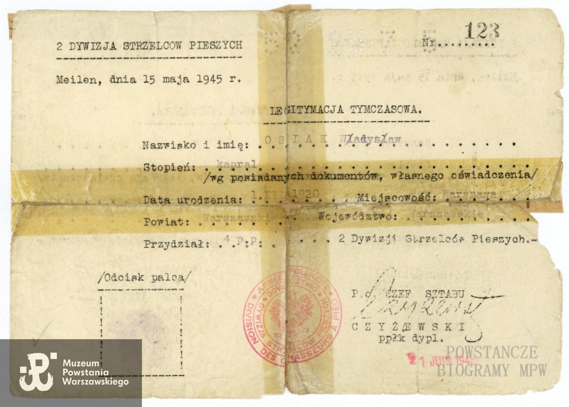 Legitymacja tymczasowa 4 pp 2 Dywizji Strzelców Pieszych z 15.05.1945 r. Ze zbiorów Muzeum Powstania Warszawskiego, sygn. P/3091, dar Stefanii Osiak