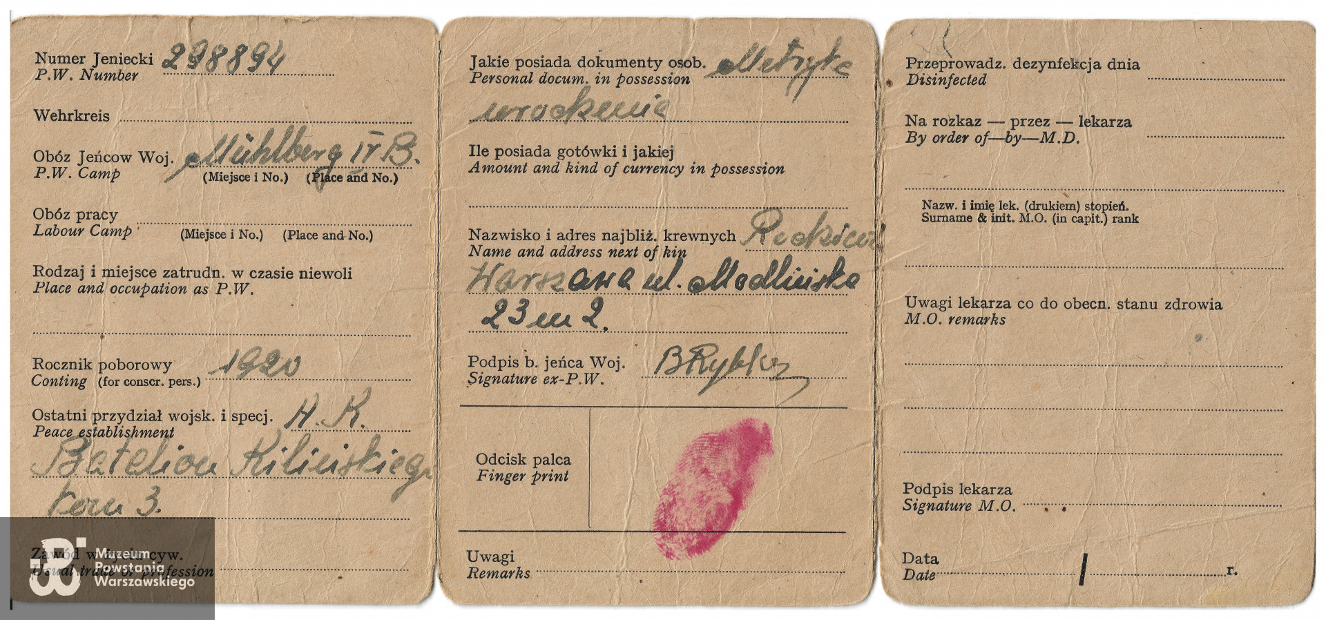 Legitymacja byłego jeńca wojennego.  Ze zbiorów rodzinnych, udostępnił p. Witold Rybka, syn Powstańca