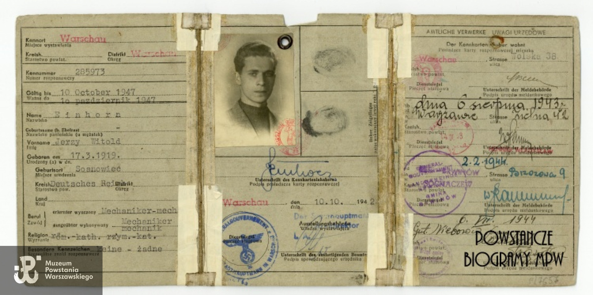 Okupacyjna kenkarta "Sława"- dokument wystawiony na nazwisko "Jerzy Witold Einhorn". Ze zbiorów Muzeum Powstania Warszawskiego, sygn. P/7657
