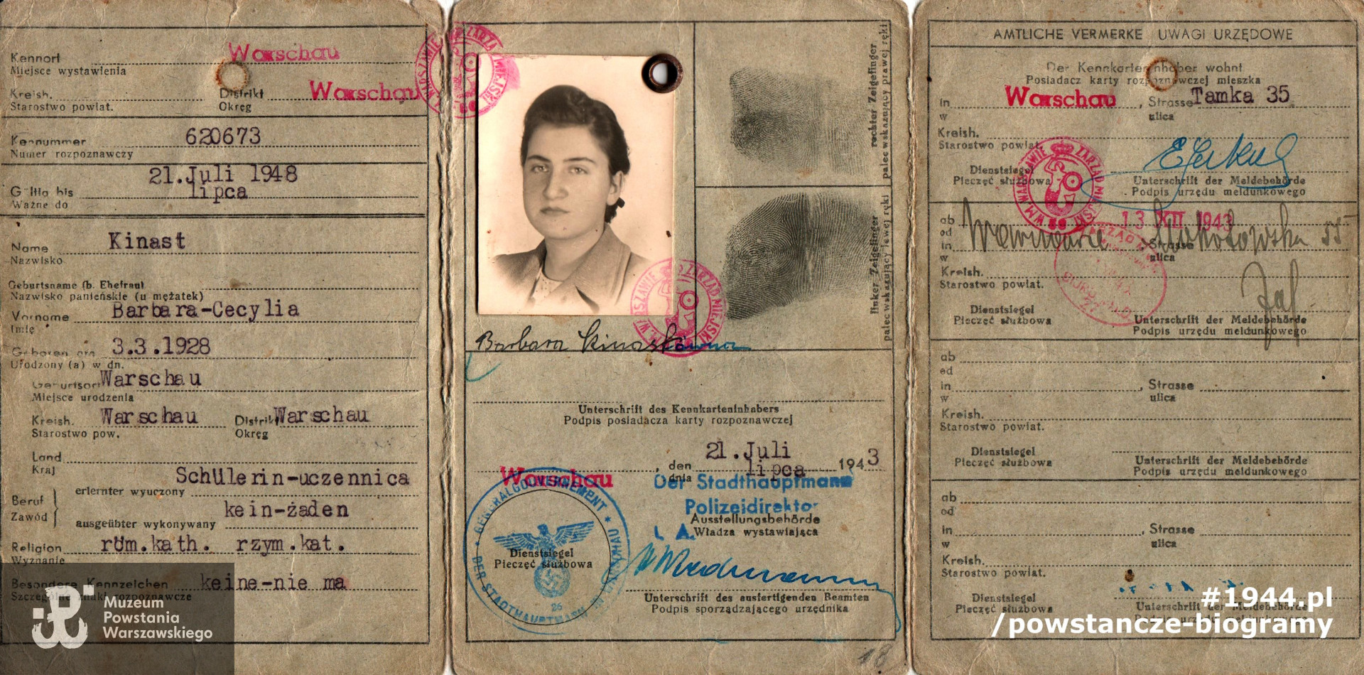 Okupacyjna kenkarta. Na dokumencie widoczny podpis: <i> Barbara Kinastówna</i>. Fot. i dokumenty z archiwum rodzinnego udostępniła p. Danuta Mikuła - Dobroń