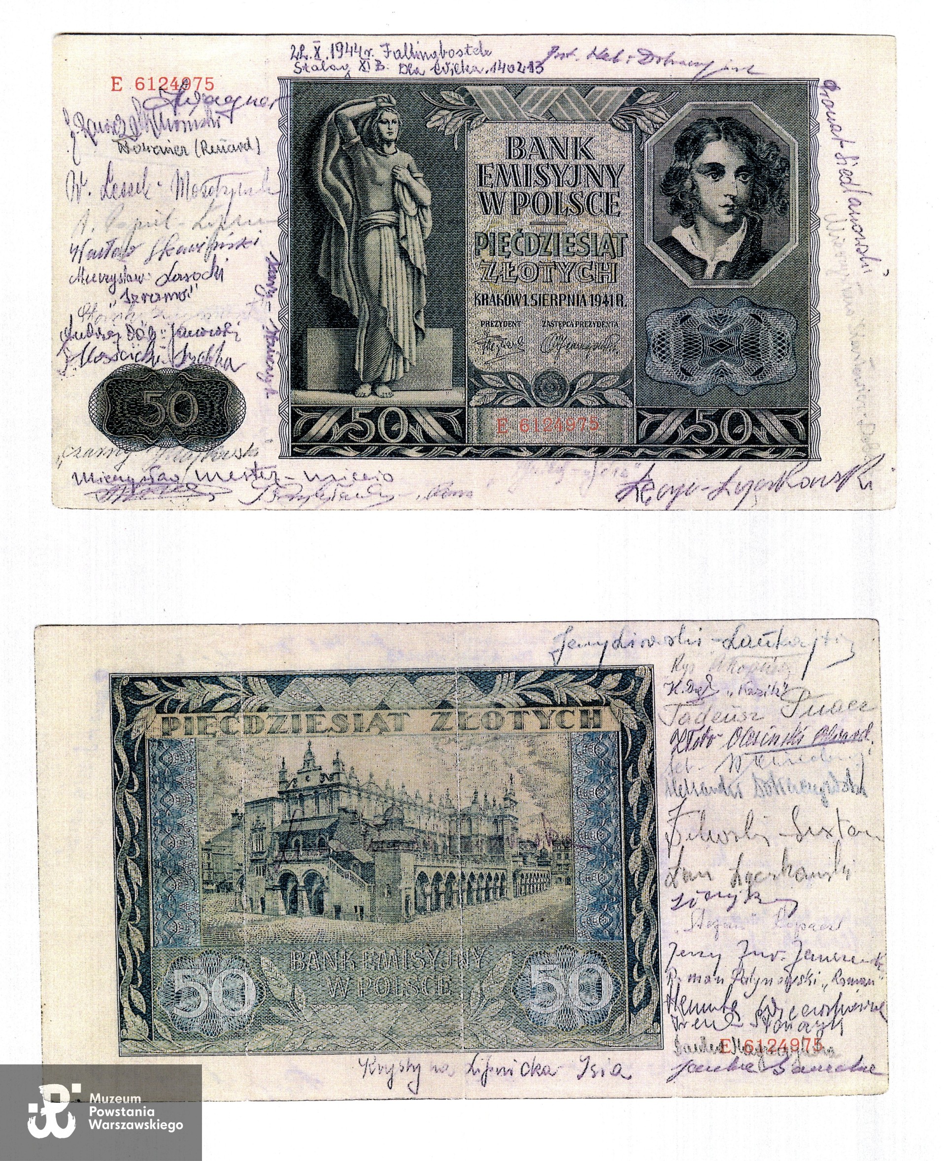 Pamiątkowy banknot o nominale 50 złotych  (tzw. "młynarka"), podpisany w Stalagu XI B Fallingbostel przez jeńców - żołnierzy AK i Powstania Warszawskiego. Wizerunek: Emilia Plater, z lewej strony postać kobieca (awers), Sukiennice (rewers). Emitent: Bank Emisyjny w Polsce, 1941. Skan z kserokopii,  Muzeum Powstania Warszawskiego, Teczki personalne uczestników Powstania Warszawskiego: Wilhelmi Jerzy. 



