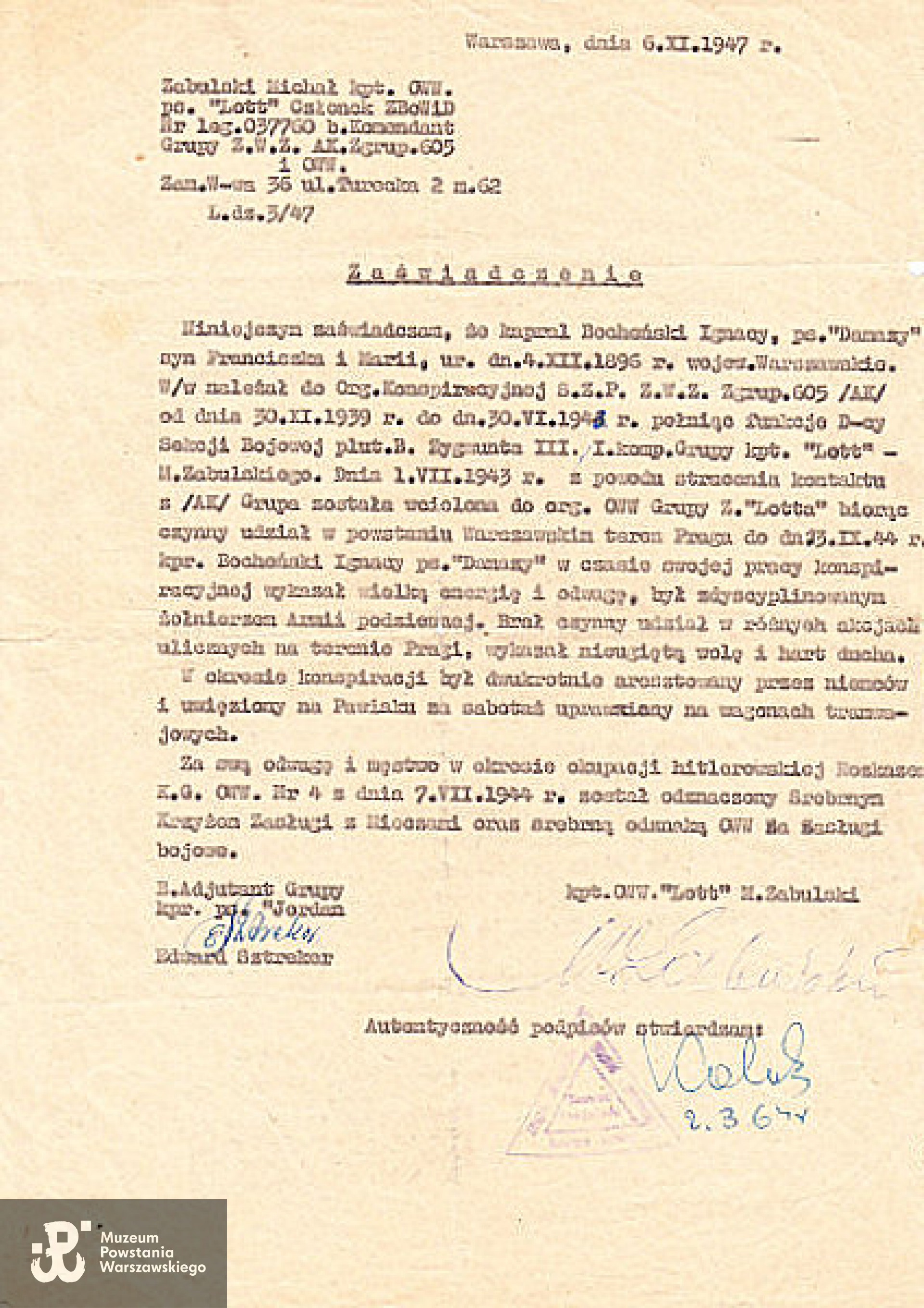 Zaświadczenie o działalności konspiracyjnej i udziale Ignacego Bocheńskiego w Powstaniu Warszawskim. Zdjęcie ze zbiorów Adama Zagrodzkiego.