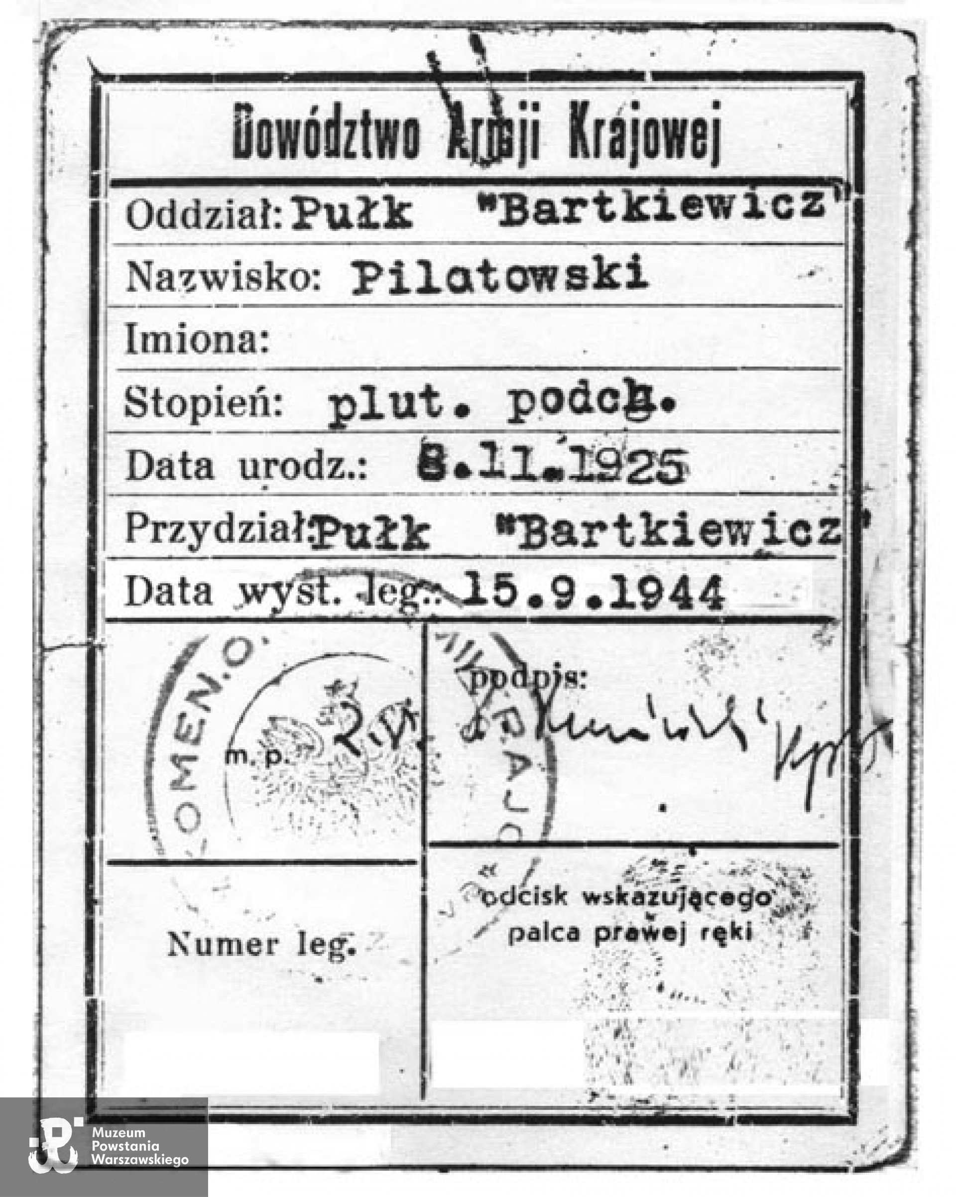 Legitymacja AK "Colta" Fot. Marek Pilatowski - archiwum rodzinne.