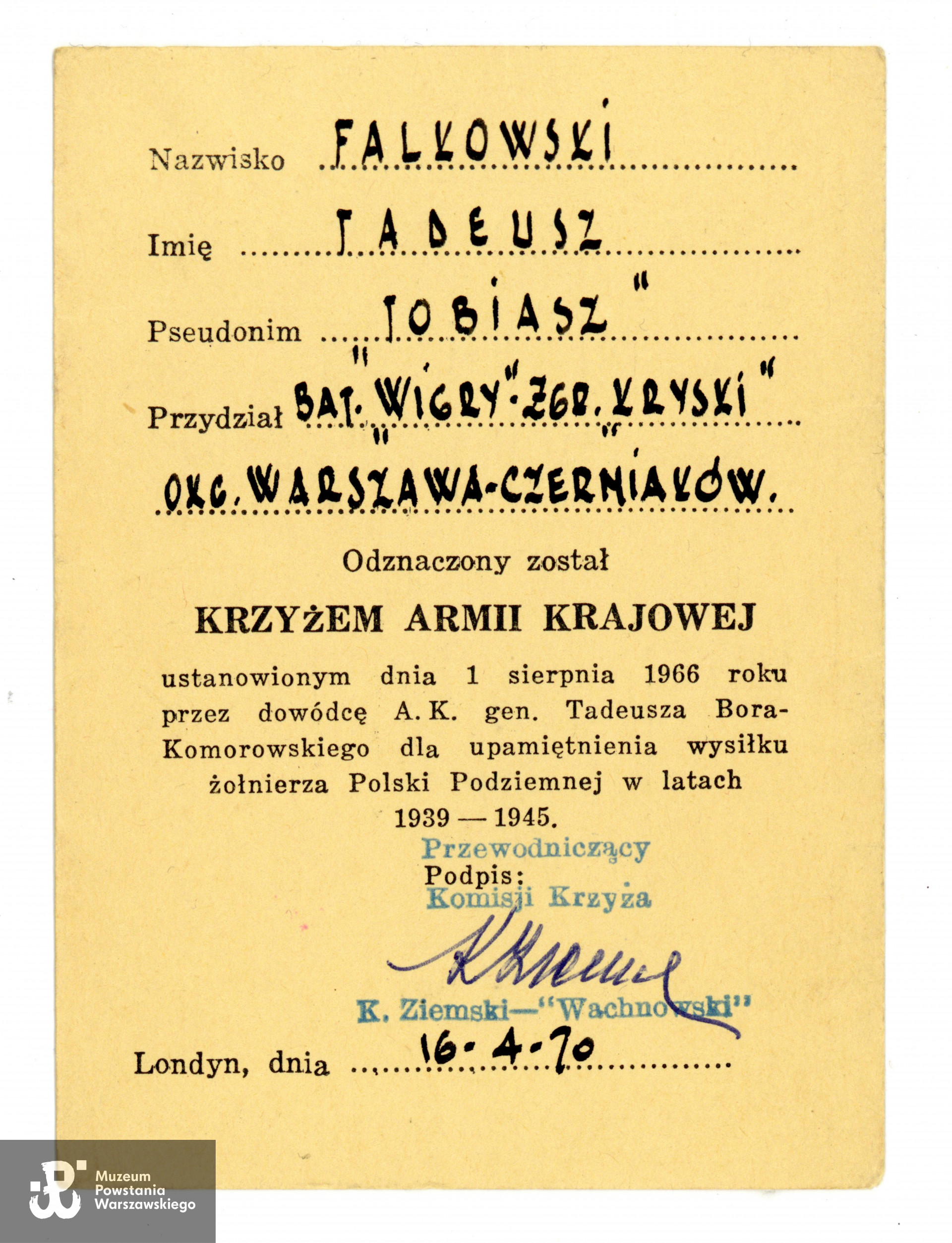 Krzyż Armii Krajowej. Ze zbiorów prywatnych p. Mikołaja Paciorka