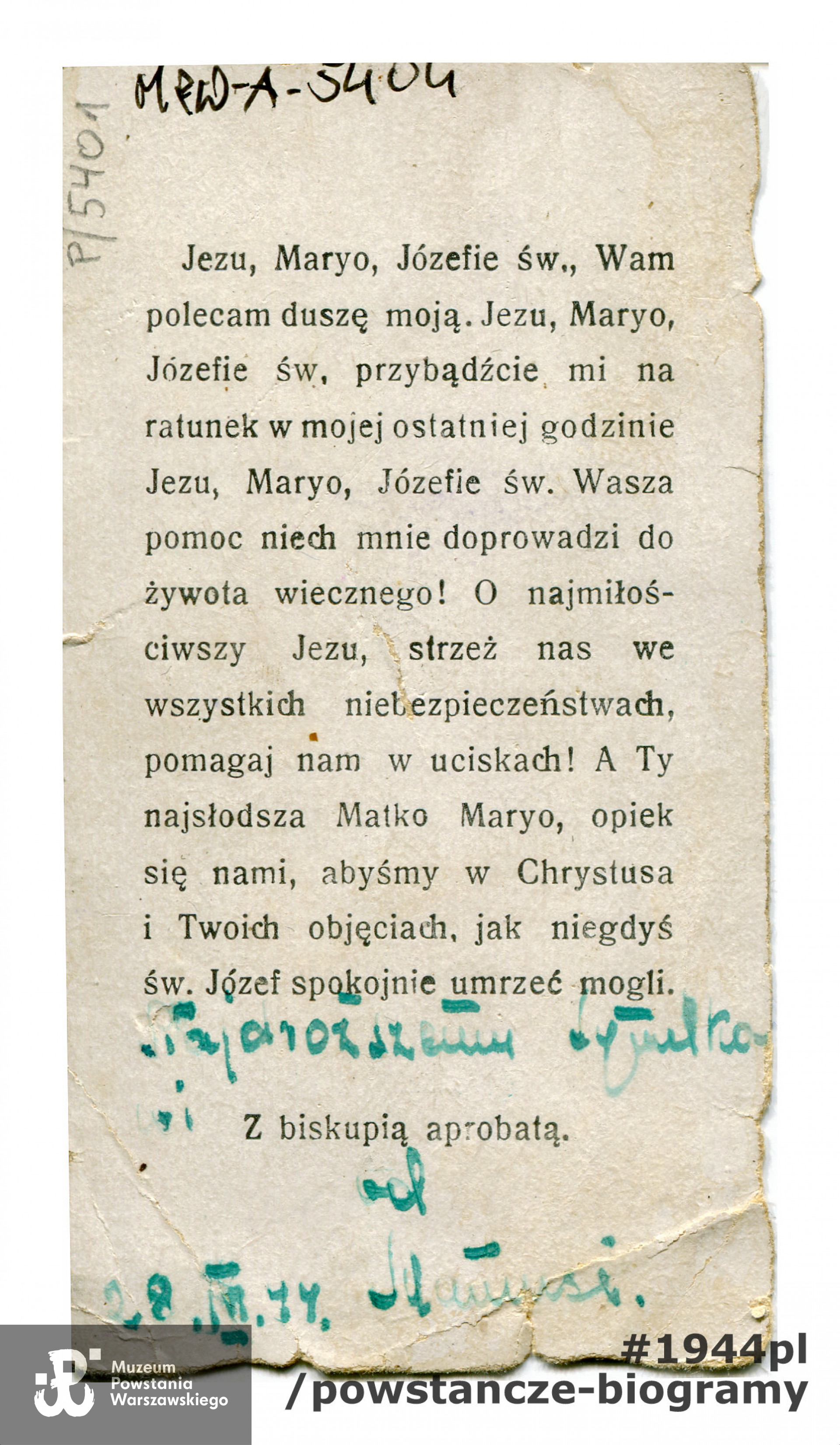 Obrazek z wizerunkiem Świętej Rodziny i modlitwą na rewersie. Dedykacja <i>najdroższemu Zbyszkowi - Danusia.</i> Ze zbiorów Muzeum Powstania Warszawskiego, sygn. MPW-A-5404