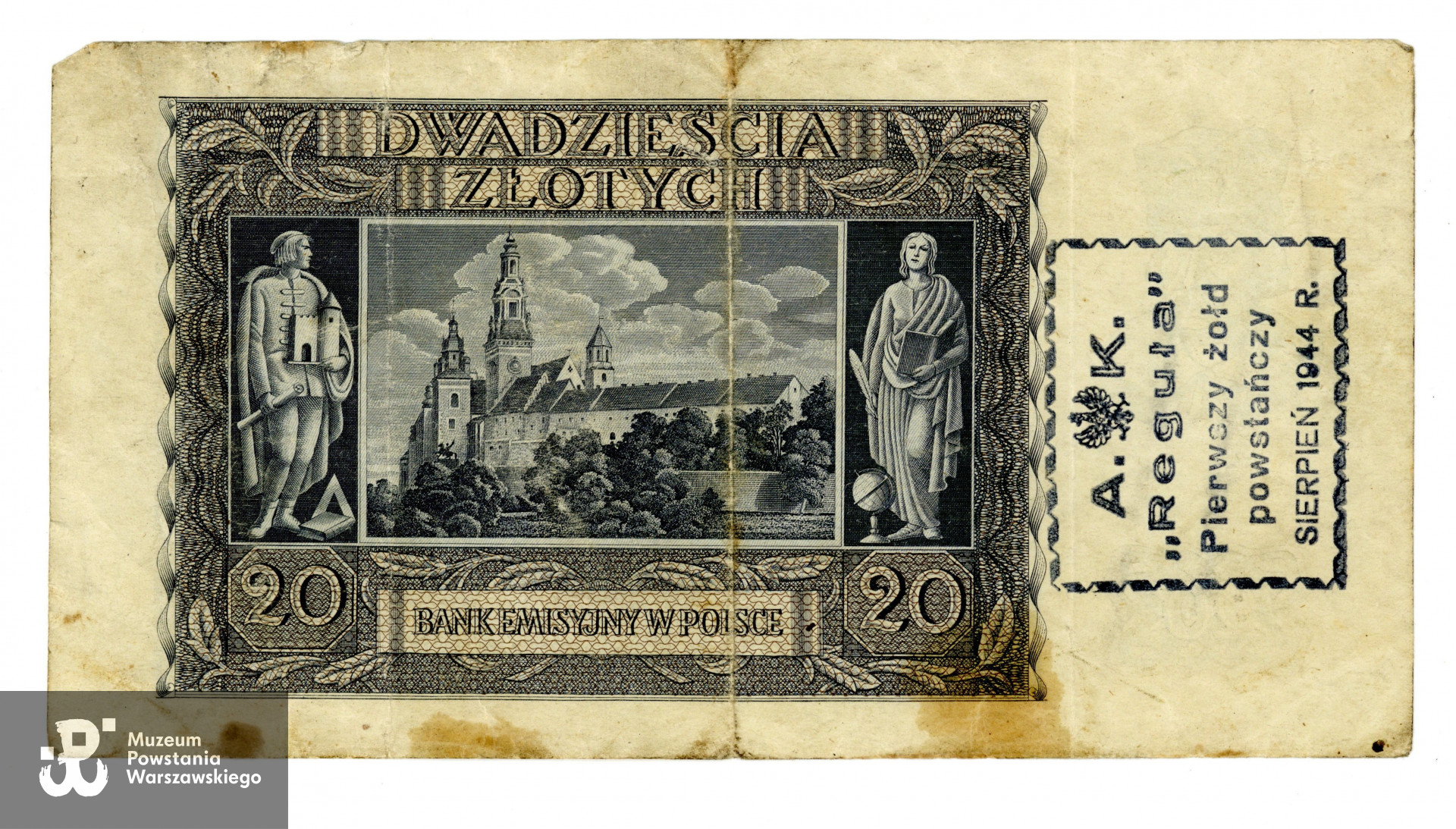 Banknot o nominale 20 zł. tzw. "młynarka" Banknot o nominale 20 zł, emisja: 01.03.1940 r., Bank Emisyjny w Polsce, ser. L1724397. Na rewersie stempel  <i><strong>AK"Reguła" Pierwszy żołd powstańczy sierpień 1944".</strong></i> Zbiory p. Michała Zabłockiego - archiwum rodzinne.