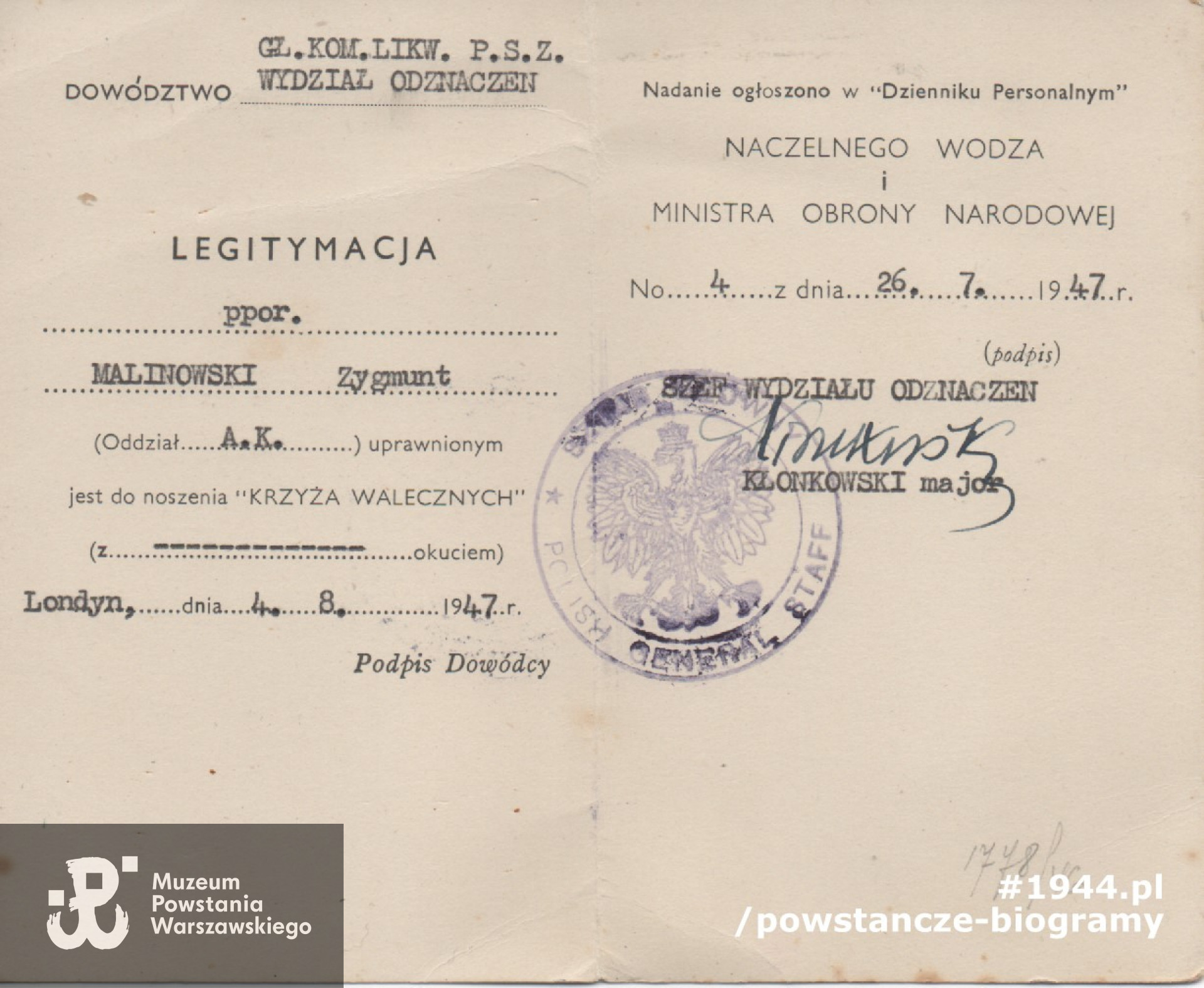 Legitymacja odznaczeniowa - Krzyż Walecznych.  Ze zbiorów rodzinnych p. Ryszarda Malinowskiego.