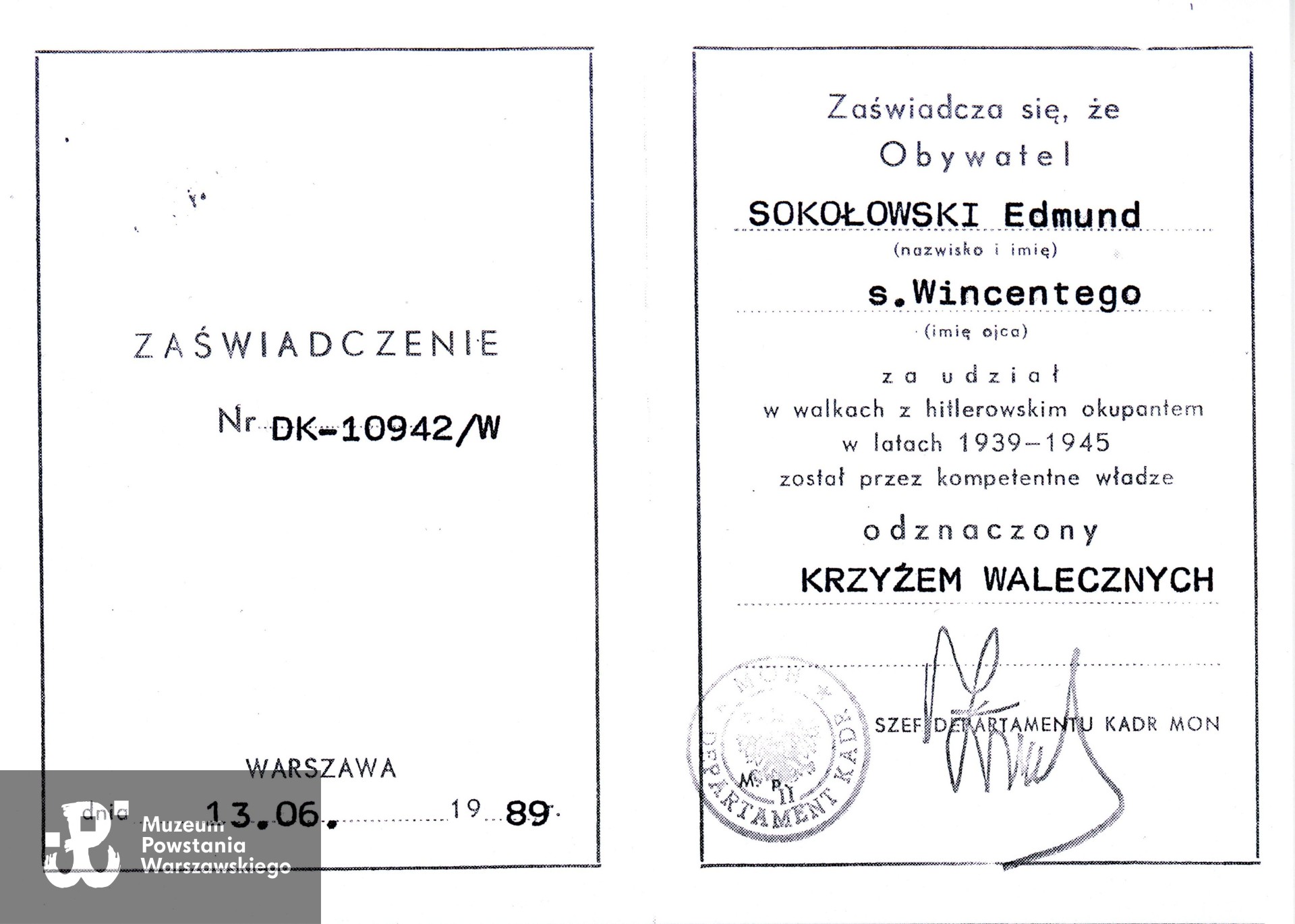 Legitymacja Krzyża Walecznych. Muzeum Powstania Warszawskiego, Teczki personalne uczestników Powstania Warszawskiego: Sokołowski Edmund