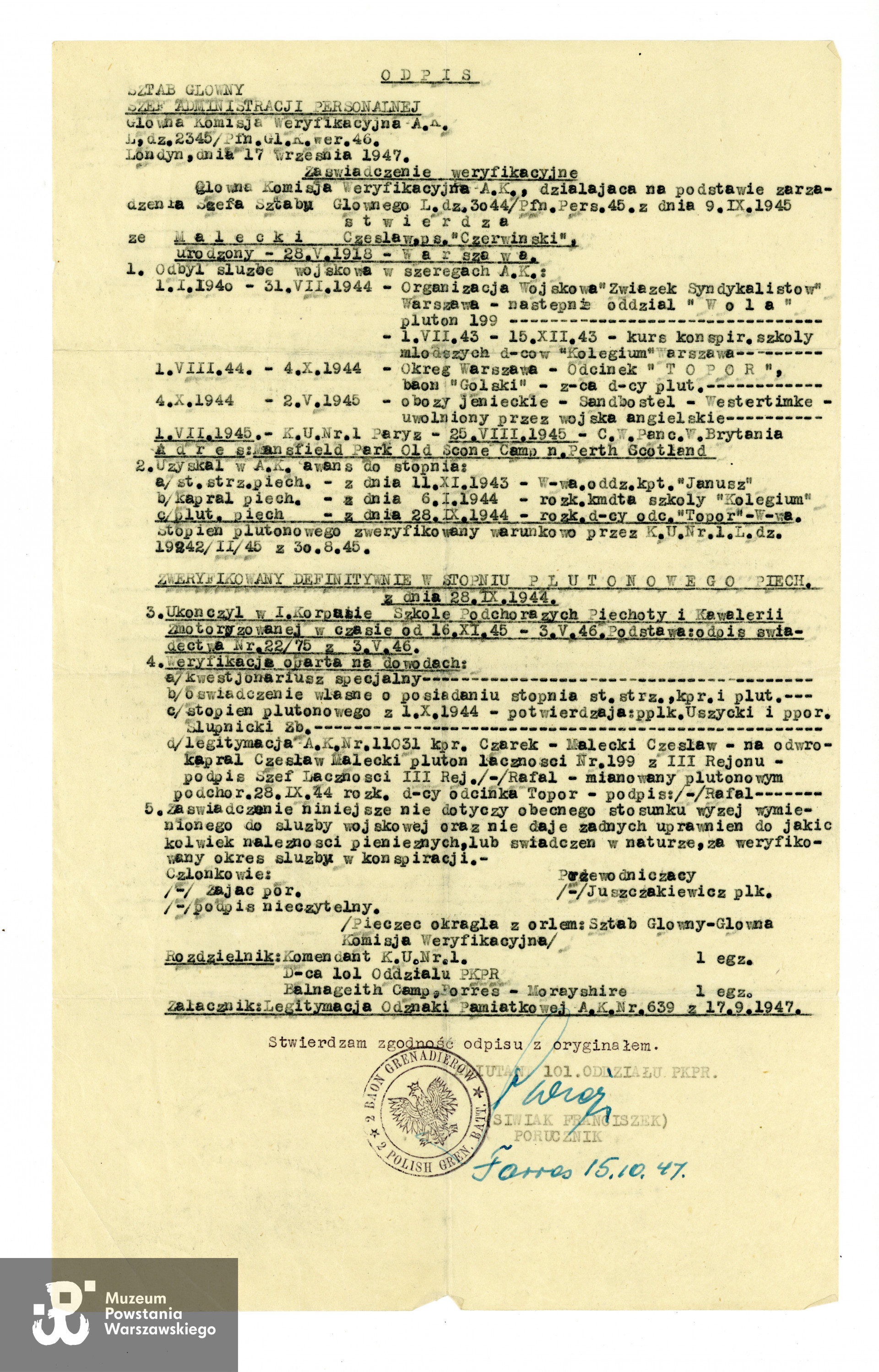 Zaświadczenie weryfikacyjne Głównej Komisji Weryfikacyjnej AK w Londynie z dnia 17.09.1947 r. 
