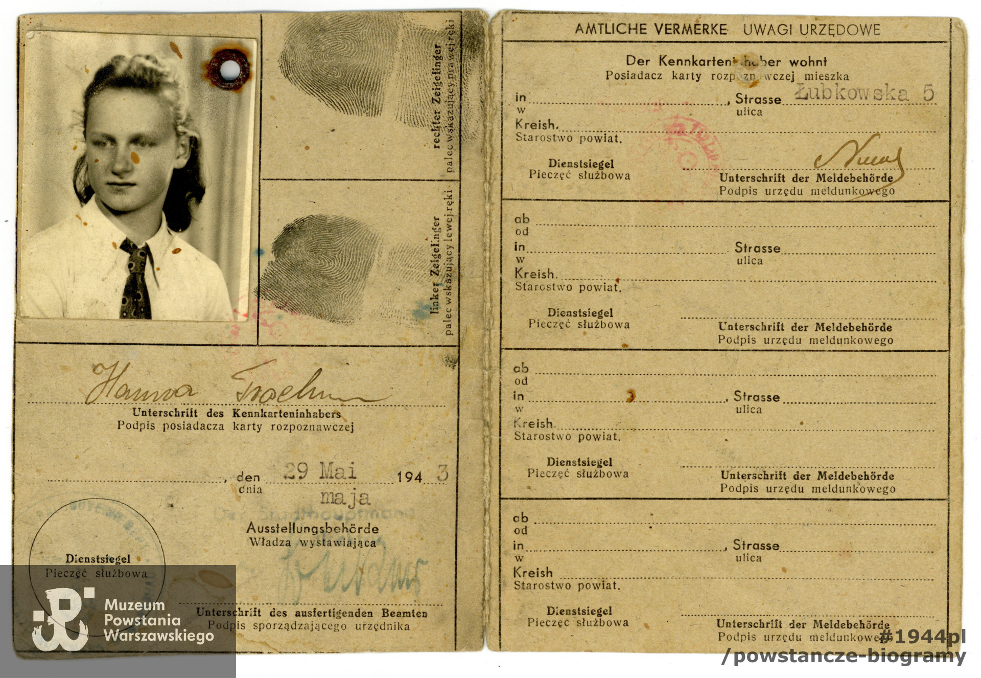 Kennkarta Hanny Trochim, dokument ze zdjęciem,  brak pierwszej strony. Ze zbiorów Muzeum Powstania Warszawskiego, sygn.  MPW-A-8028 (P/7120/10)