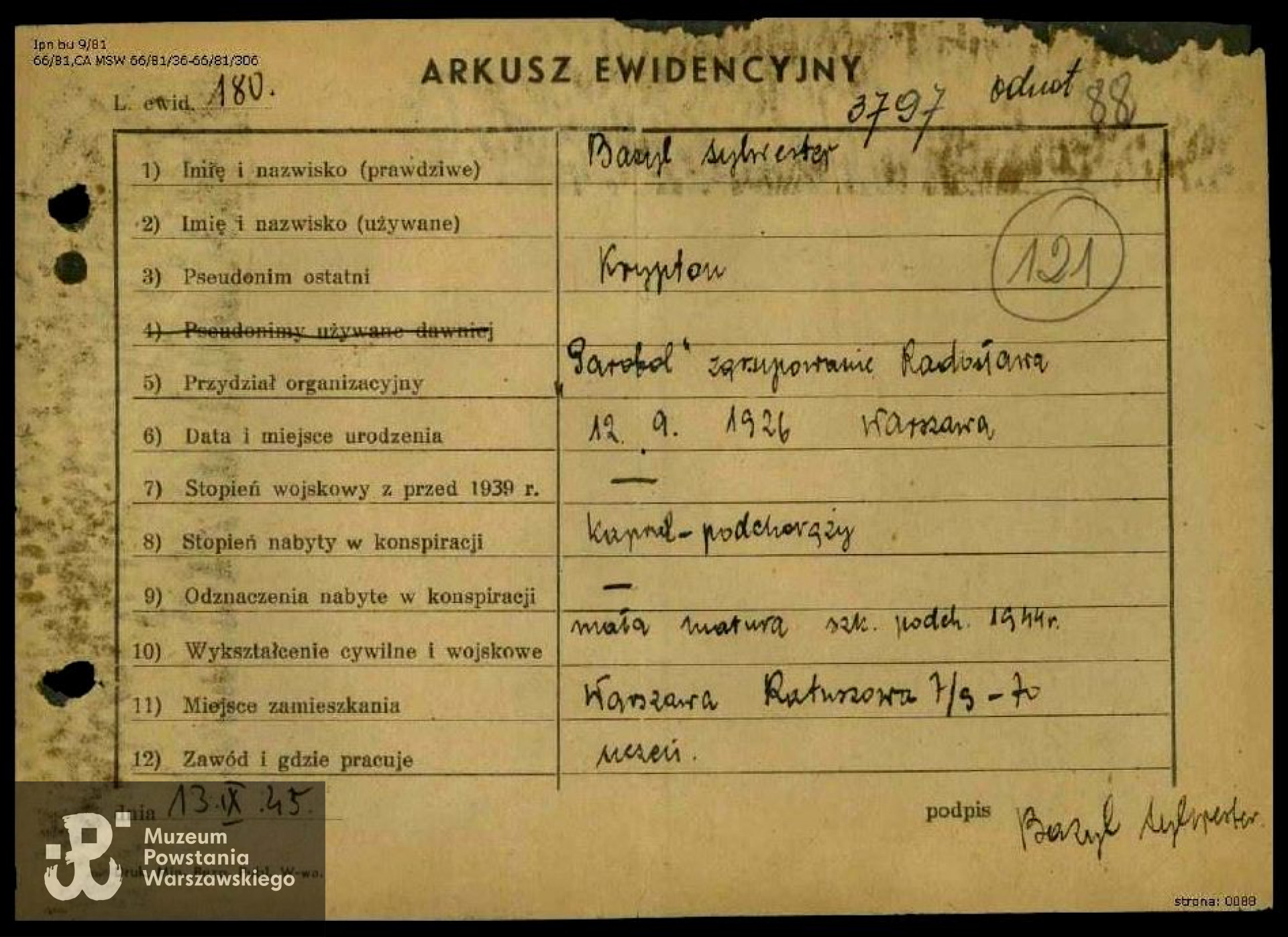 Arkusze ewidencyjne członków AK - Komisja Likwidacyjna Byłej Armii Krajowej - Obszar Centralny,  teczki MPU - zbiory IPN, sygnatura IPN BU 9/81