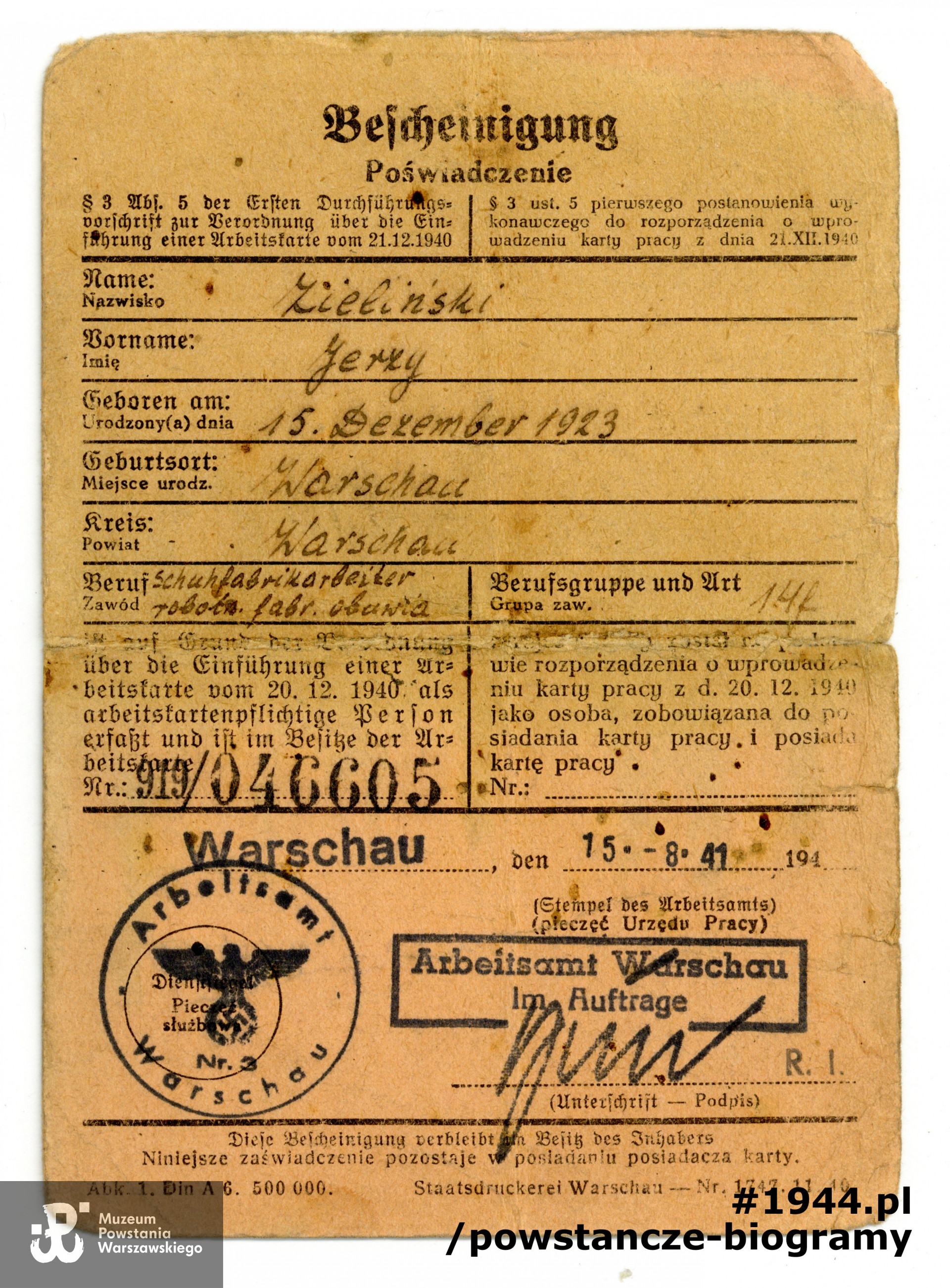 Dokument  z archiwum rodzinnego udostępniła p. Sylwia Lasocka