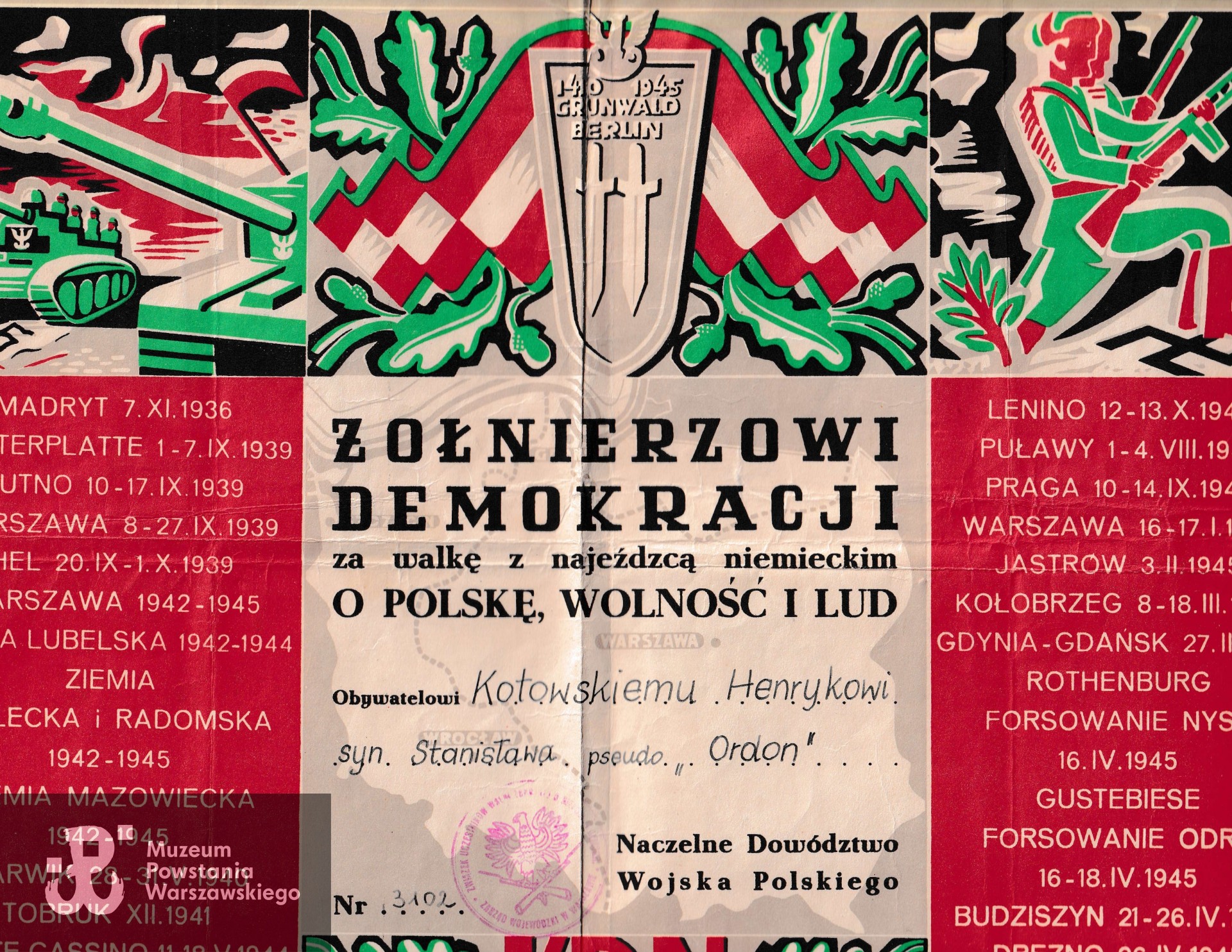  Dyplom "Żołnierzowi Demokracji za walkę z najeźdźcą niemieckim o Polskę, Wolność i Lud". Dokument ze zbiorów p. Stanisława Kotowskiego, syna Powstańca
