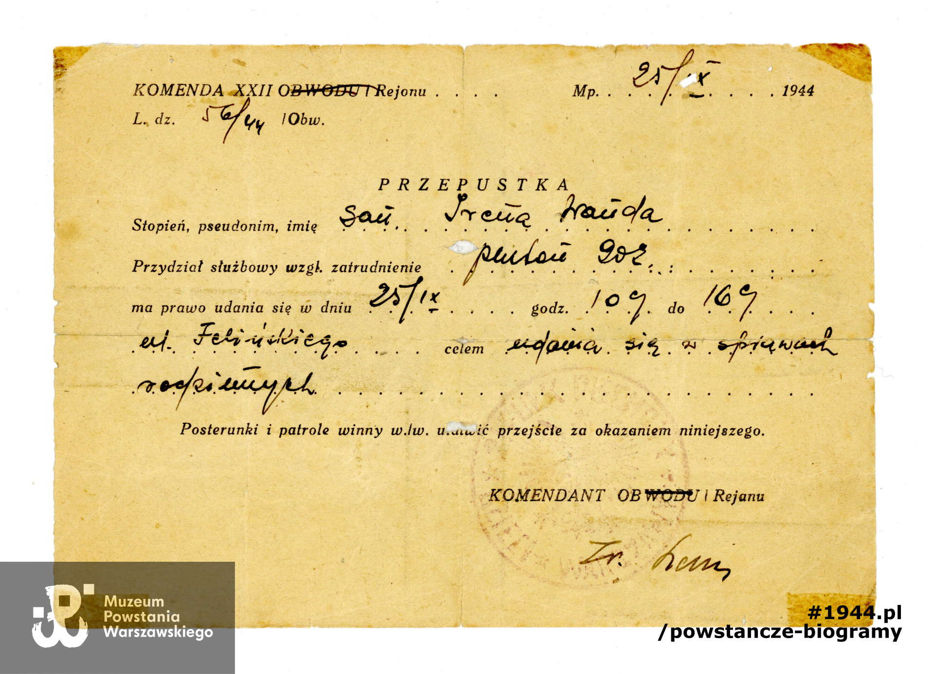 Przepustka Komendy Rejonu z dnia 25 września 1944 uprawniająca do udania się do domu na Felińskiego 6. Dokument ze zbiorów Muzeum Powstania Warszawskiego.