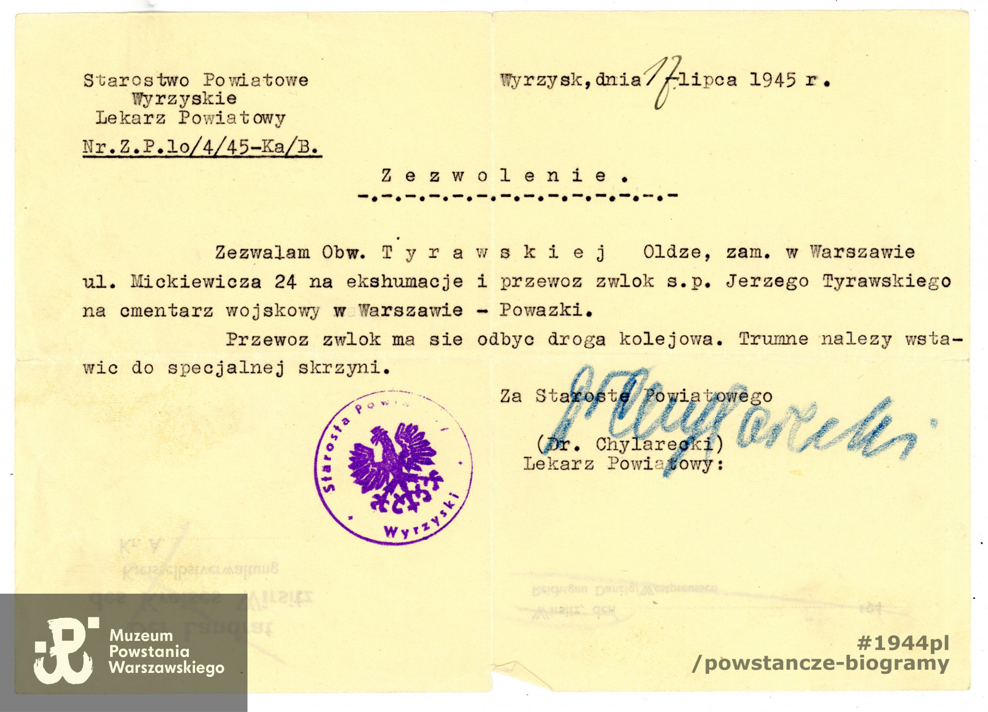 Dokument ze zbiorów rodzinnych p.  Ewy Kołaczkowskiej z domu Tyrawskiej, córki Jerzego Tyrawskiego