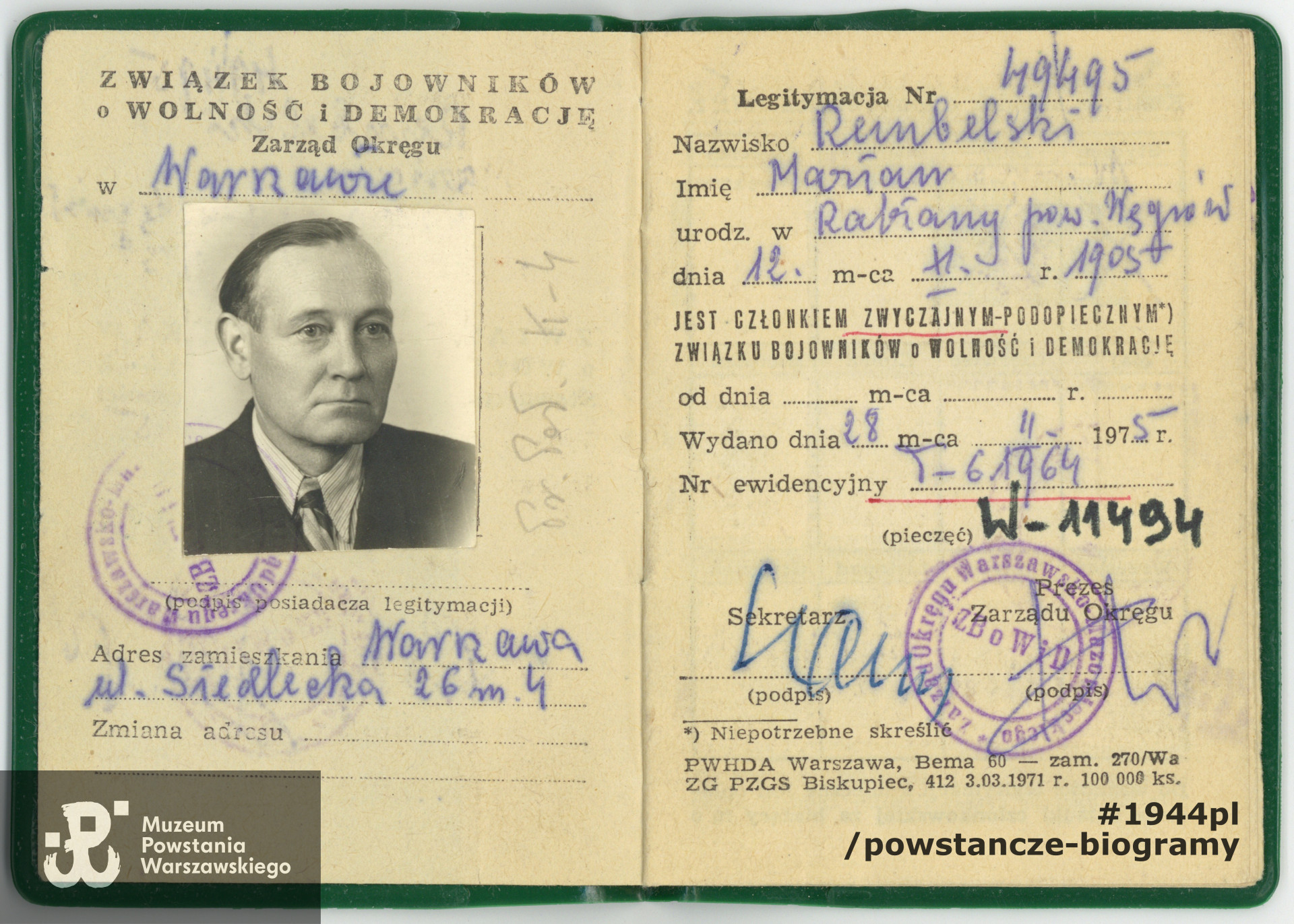 Dokument  z archiwum rodzinnego p. Beaty Kucharczyk, wnuczki Mariana Rembelskiego. 