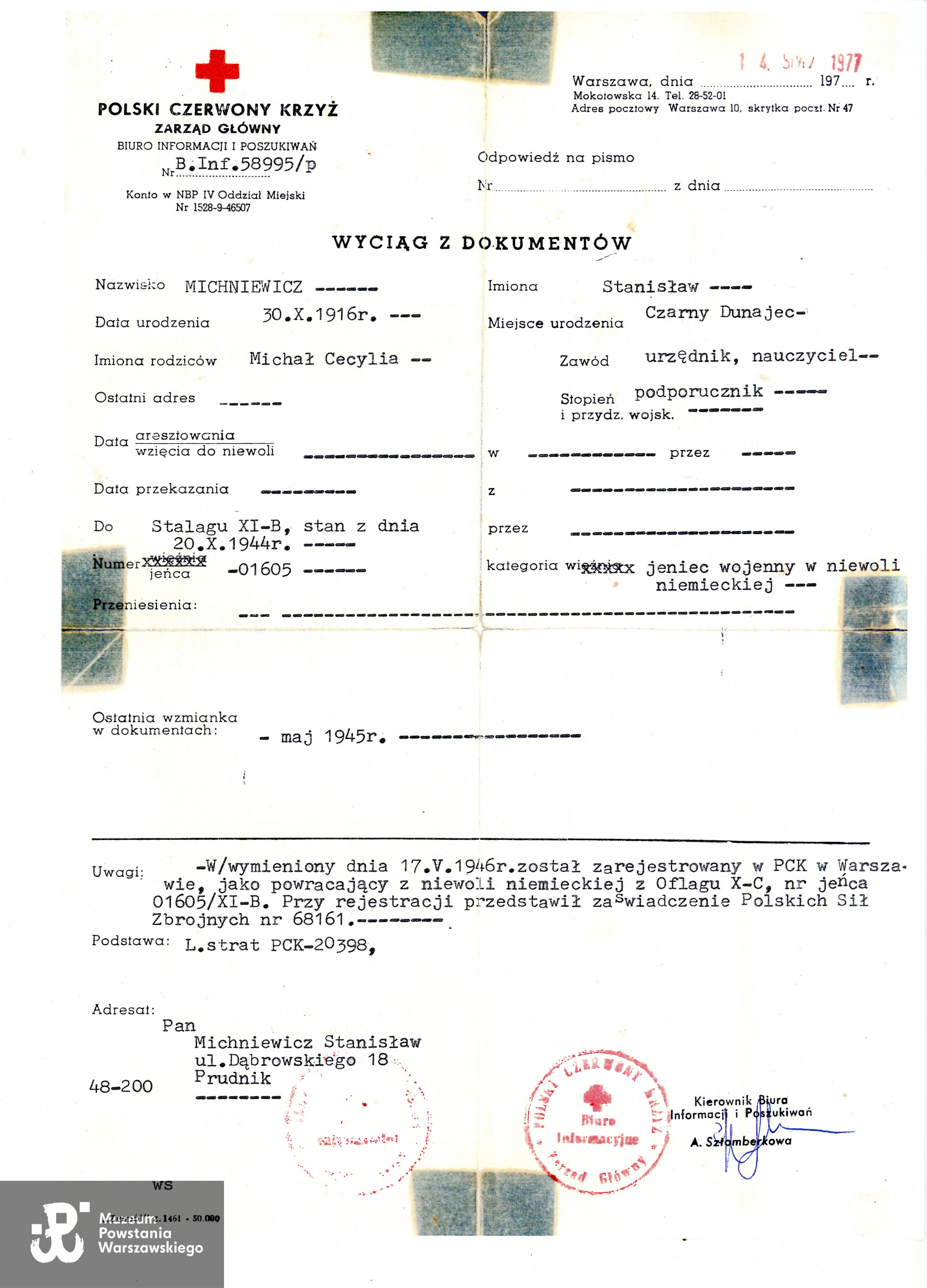 Muzeum Powstania Warszawskiego, Teczki personalne uczestników Powstania Warszawskiego: Michniewicz Stanisław Kazimierz ps. Żbik, skan z kserokopii przekazanej przez córkę Powstańca